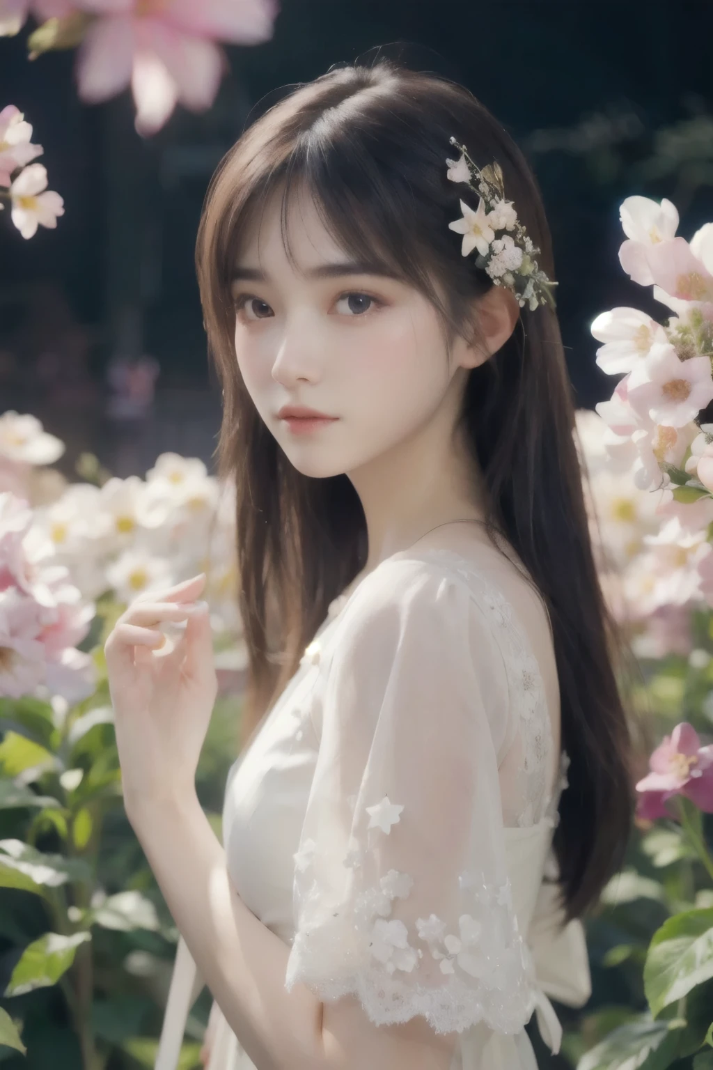 top quality, expensive_resolution, clear_ images, detailed background, girl , flower, garden, Starry Sky ,
