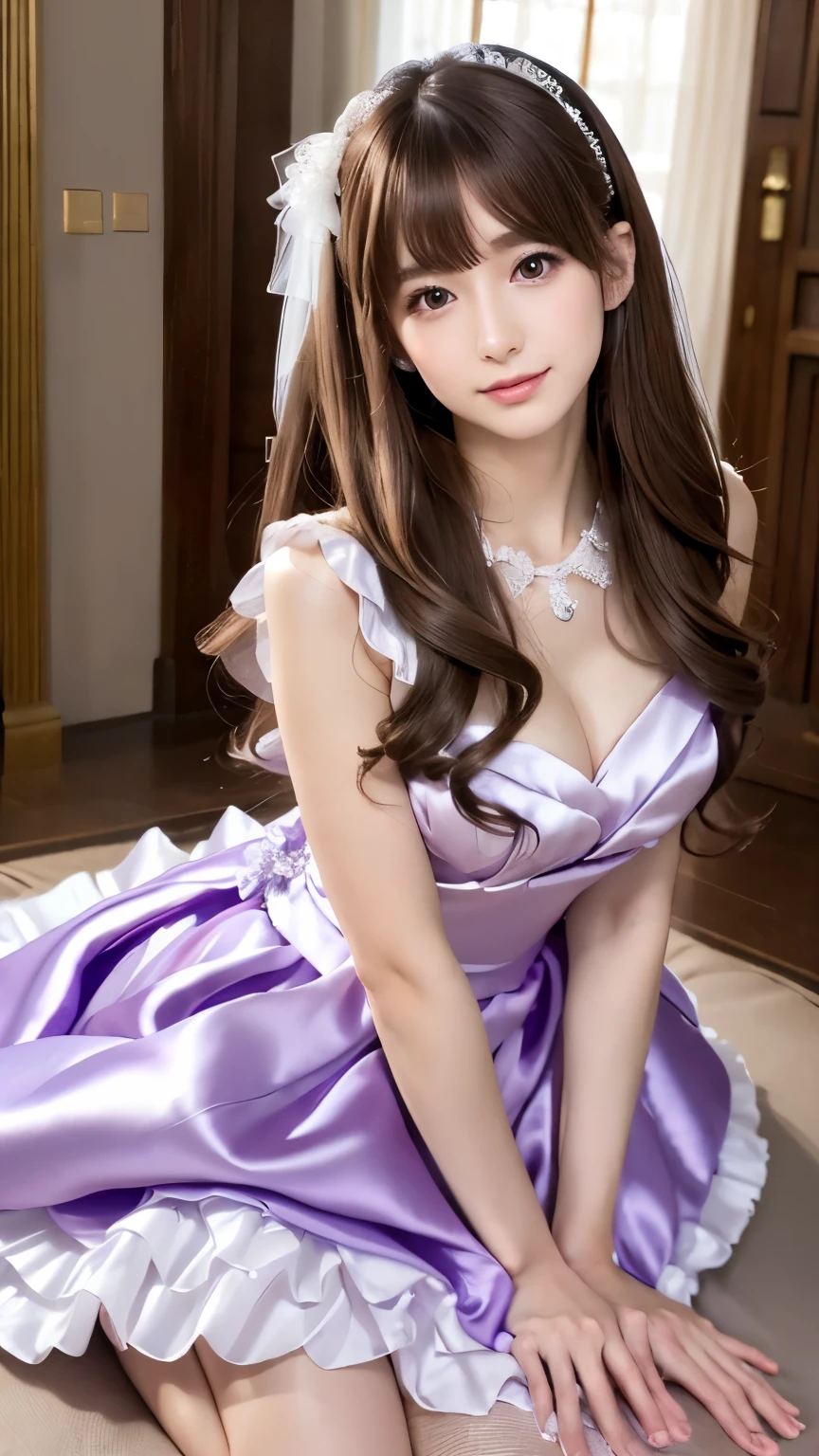 best quality, masterpiece, high_res, 1girl, hair ornament, necklace, jewelry, Beautiful face, tyndall effect, photo realistic, rim lighting, two tone lighting, (high detailed skin:1.2), 8k uhd, dslr, soft lighting, high quality, volumetric lighting, candid, Photograph, high resolution, 4k, 8k, Bokeh, medium breasts, absurdres, light brown hair color, view of the body from head to knees, purple eyes color, pink color china dress, (ecchi:0.5)