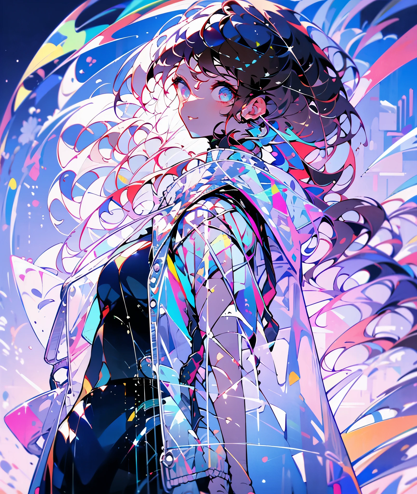 masterpiece, best quality, 1girl, long hair, (red hair), waist-length hair, ponytail, blue eyes, sharp eyes, smiling, ((brown cardigan)), white dress, clear sky, in the noon, standing against the clock tower, with trees, with flowers, (((detail face))), holding a smart phone