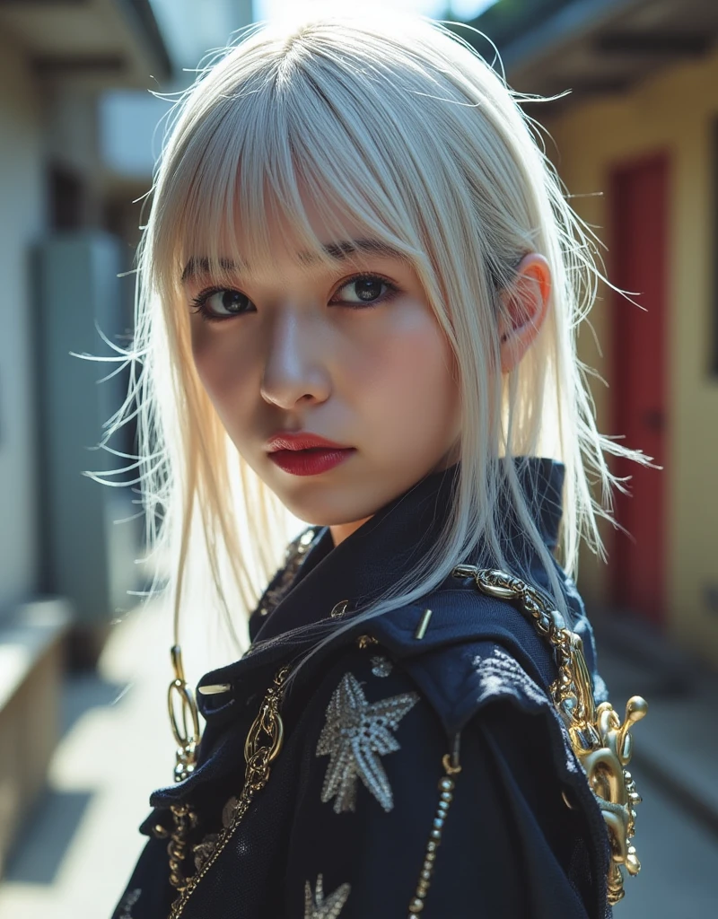 Avant-garde cyberpunk girl, (Best Quality, 8K, 32K, masutepiece:1.3), Ultra-detailed, (Photorealistic:1.4), white colors, albino, Punk Girl, Detailed eyes, cowboy shot, Luxurious punk hair, Edgy punk fashion, Avant-garde makeup, Bright red lips, Numerous piercings, heavily tattooed body, Street background, Backlight effect, Shallow depth of field, Blurry background,