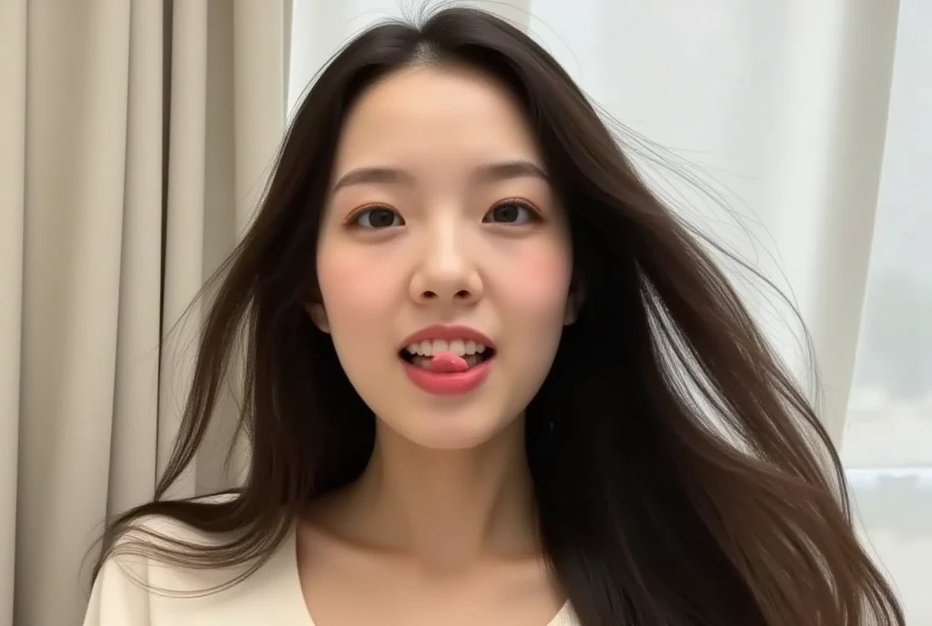best quality, masterpiece, ultra high resolution,8K, (realistic:1.6), (makeup portrait:1.4) RAW photos,((Long black hair with side parting)), huge breasts,((Jet black blue mini skirt fashion)),((face up)),((k-pop idol makeup)),one girl,(laugh, showing teeth)), 26 talent,,((look up at the audience)),face focus:1.4,((Taken from above using a fisheye lens:1.4)),