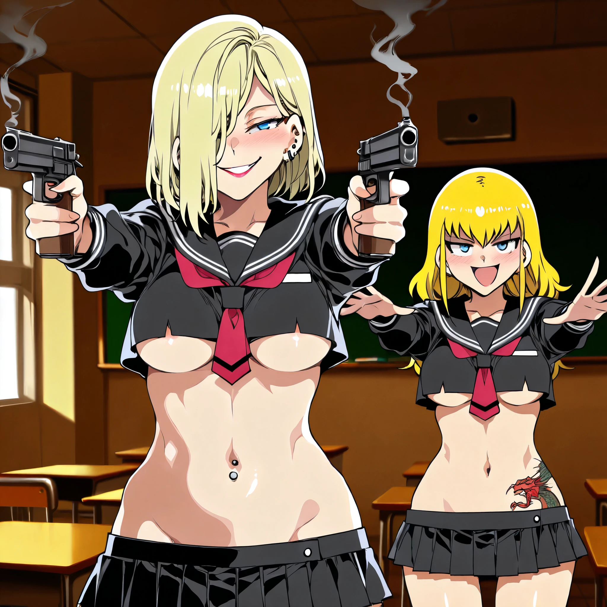 2girl, two girls, (shoujo-style), ((detailed hair, detailed eyelashes, banganhwa-scenery, blush, large breasts, long hair, , ((perfect face)), (Mature Face:1.4), (beautiful face:1.15), detailed eyeasterpiece), (highest quality), best quality, highres, 8K, extremely detailed, Digital Art, (Hyper-Detailed Background:1.2), (realistic background), (intricate details), award-winning, hyper-detailed, (illustration:1.1),
(cinematic lighting), soft lighting, lipstick, blush, Hot girls, baddie, staring, glaring, bad attitude, mean girl, dare, angry, hate, crazy, smoking, sensual, attractive, masterpiece, best quality, highly detailed, a anime girls in sailor uniforms with a gun posing for a picture,
evil smile, smile, open mouth,black_serafuku, ecchi anime style, anime girls , (nsfw) not safe for work,
ecchi style, ecchi, shipgirls, digital anime art!!, high school girls, holding a gun, hold a gun, anime style 4
k, micro skirt, exposed belly, exposed navel, exposed midriff, holding pistol,
exposed lower belly,school, classroom, navel piercing