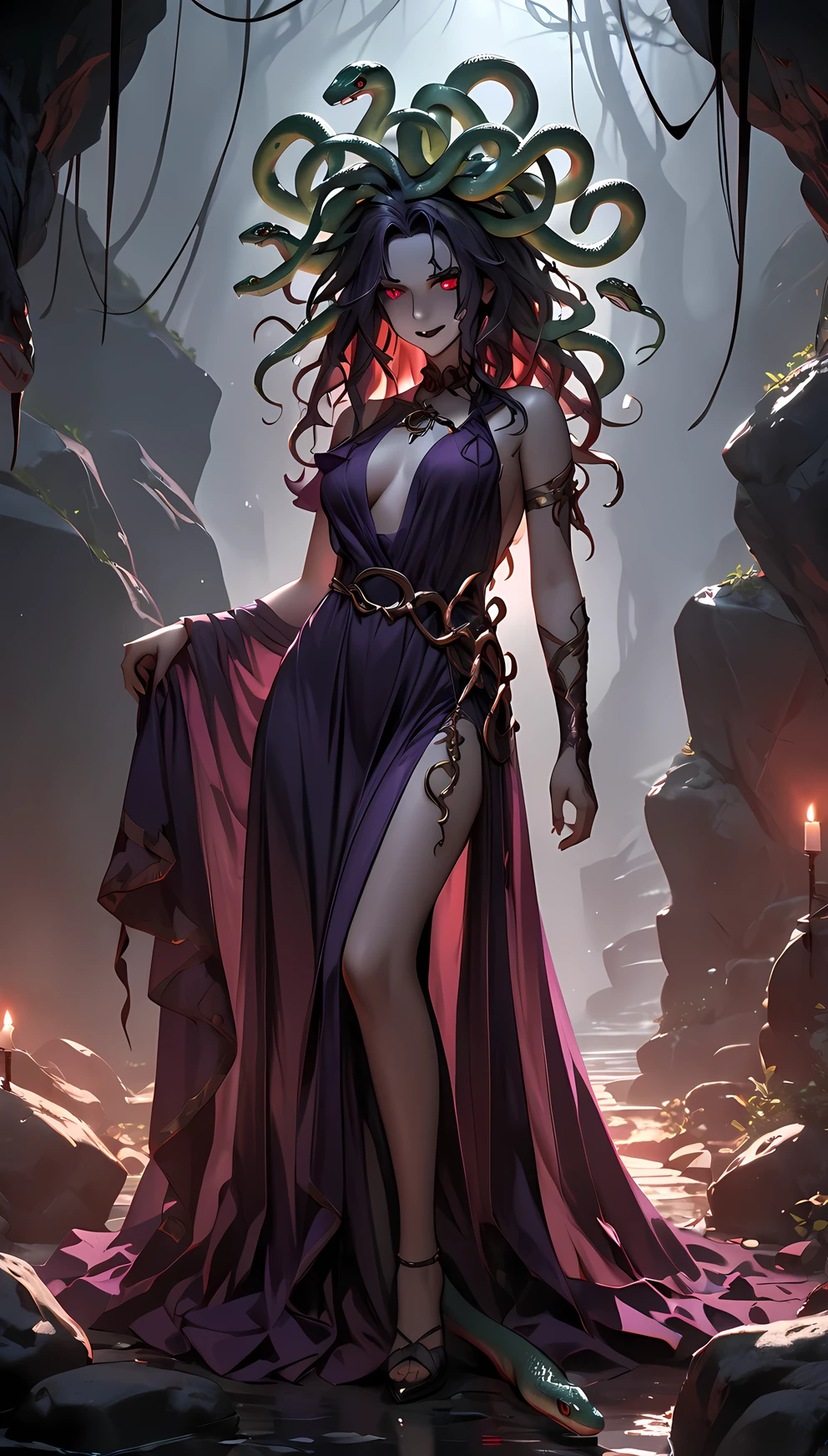 Gothic art, cinematic lighting, masterpiece, best quality, super detail, 8k, A dark fantasy illustration of Medusa, a mythical woman with green snake hair. Her glowing red eyes possess a petrifying gaze, and she wears a sinister smile. She is dressed in an elegant purple gown, standing in her dimly lit rocky lair. The atmosphere is eerie and mysterious, with shadows casting across jagged stones. The snakes on her head wriggle menacingly, their fangs bared. The scene is detailed, with a dramatic play of light and shadow enhancing her ominous presence