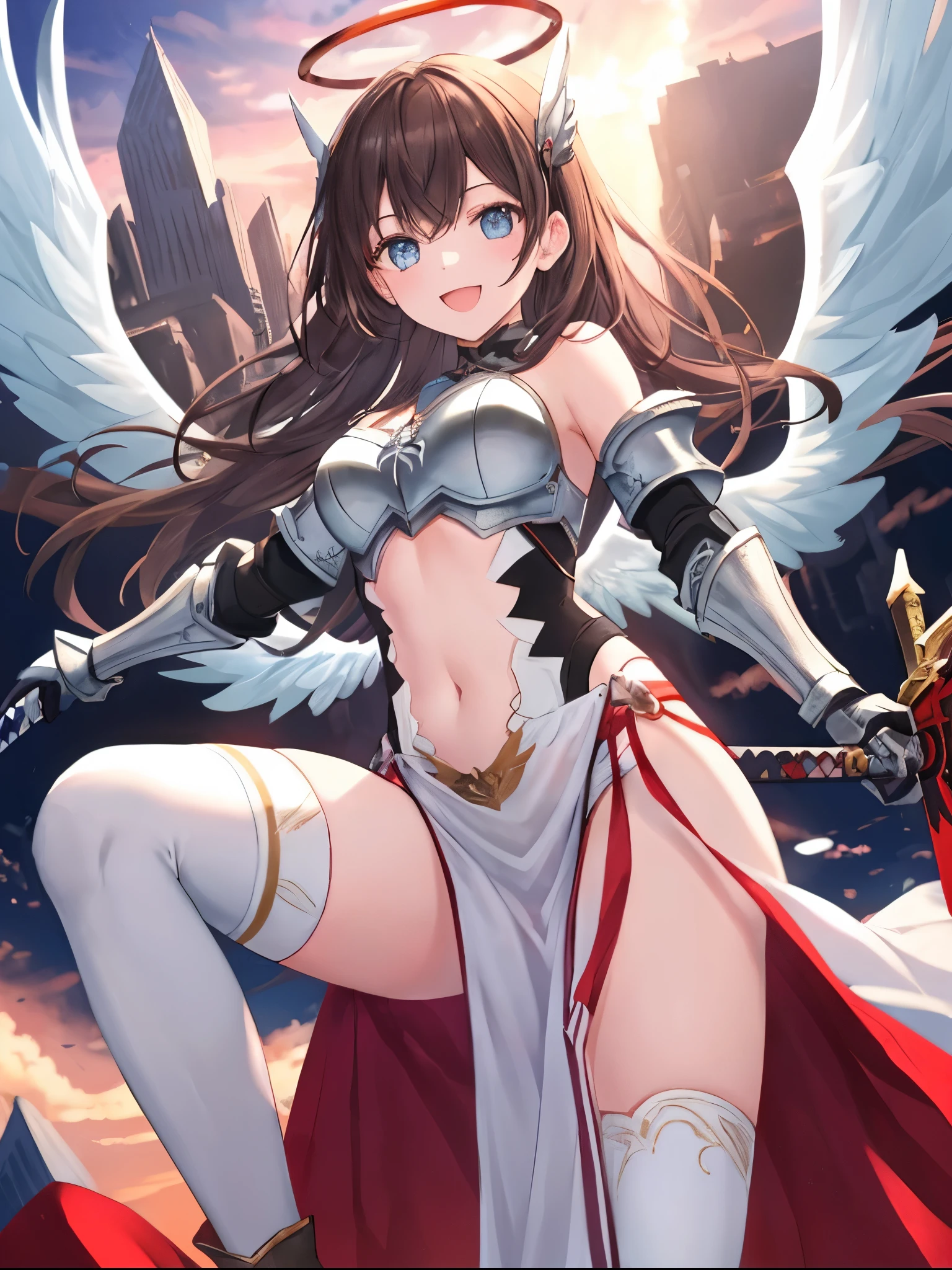 fantasy, 1angel_girl,child, loli,brown_hair, medium_bob_hair, long_bangs, halo,bare_shoulder,thighhighs,silver_armor, waist_armor, large_breasts,angry,grinning,open_mouth_teeth, 1pair_wings, dynamic_pose_fighting,floating, bare_crotch, headgear,gauntlet, greaves,city_sky_background,slightly_spread_legs, solo, groin_naked