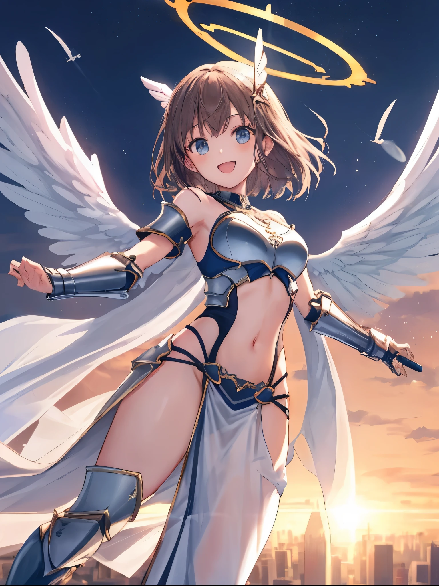 fantasy, 1angel_girl, low_teen, loli,brown_hair, medium_bob_hair, long_bangs, halo,bare_shoulder, navel, thigh,silver_armor, blue_clothes,waist_armor, medium_breasts, (abs)0.9,angry, grinning,open_mouth_teeth, 1pair_wings, dynamic_pose_fighting,floating, bare_crotch, headgear,gauntlet, greaves,city_sky_background,slightly_spread_legs, solo