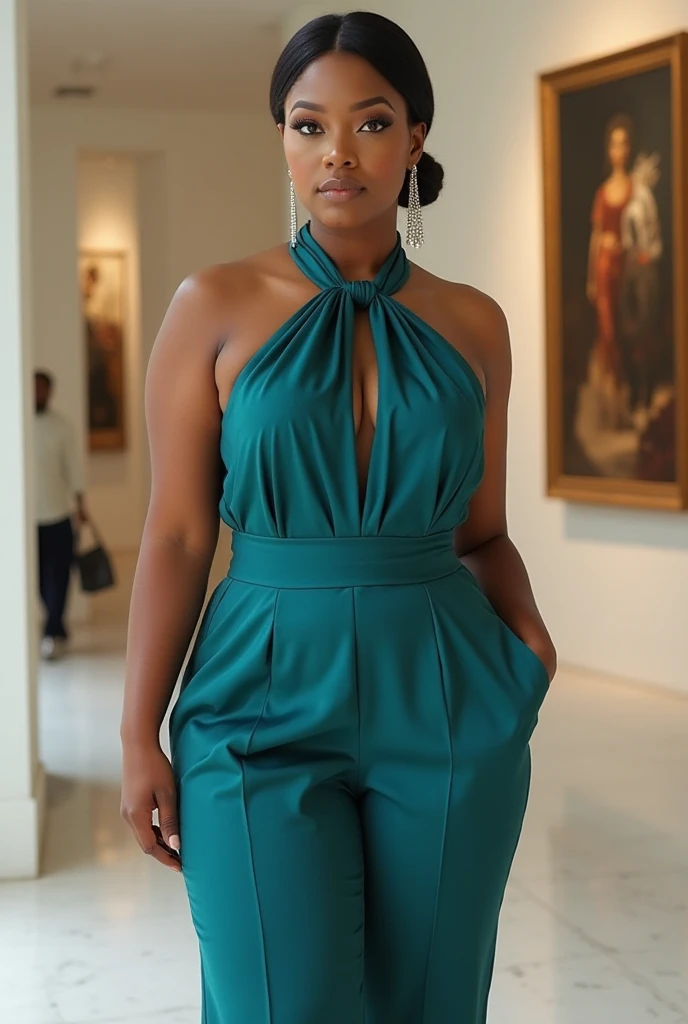 A curvaceous Black woman in a tailored halter jumpsuit in satin teal with a high-neck and a draped front that cinches at the waist, paired with metallic silver ankle boots and delicate drop earrings. Her hair is styled in a smooth, low bun with soft tendrils framing her face, with a chic modern art museum as the backdrop.
