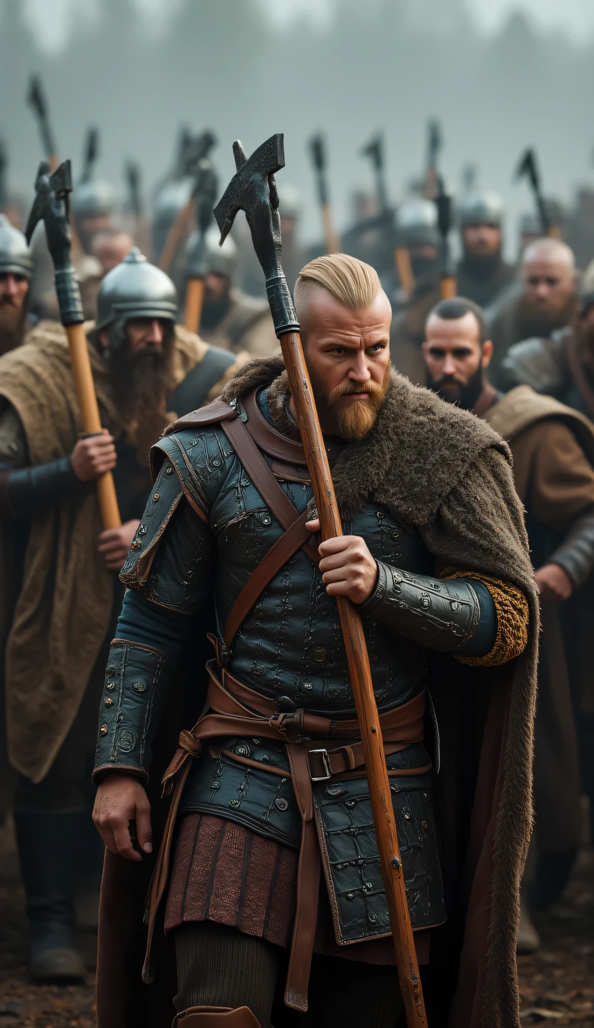 Create a visually stunning depiction of a Viking raiders tribe unit from the medieval age, focusing on hyper-realism and intricate details. The scene should be symmetrically balanced, captured from an ultra-wide cinematic angle that immerses the viewer in the environment. Portray the group of Viking raiders in full armor, wielding their battle axe weapons with fierce determination. Emphasize the dynamic composition with central leading lines and rich uhd ambience that highlights the mixed lighting concept, showcasing the realism in their expressions and accurately rendered human anatomy, especially their hands. Zoom out to reveal the entire battle unit in its glory, ensuring the depth of field enhances the realism of the scene while incorporating the best 3D CGI textures to bring the historical Viking tribe to life. FantasyPunkAi Artwork. 