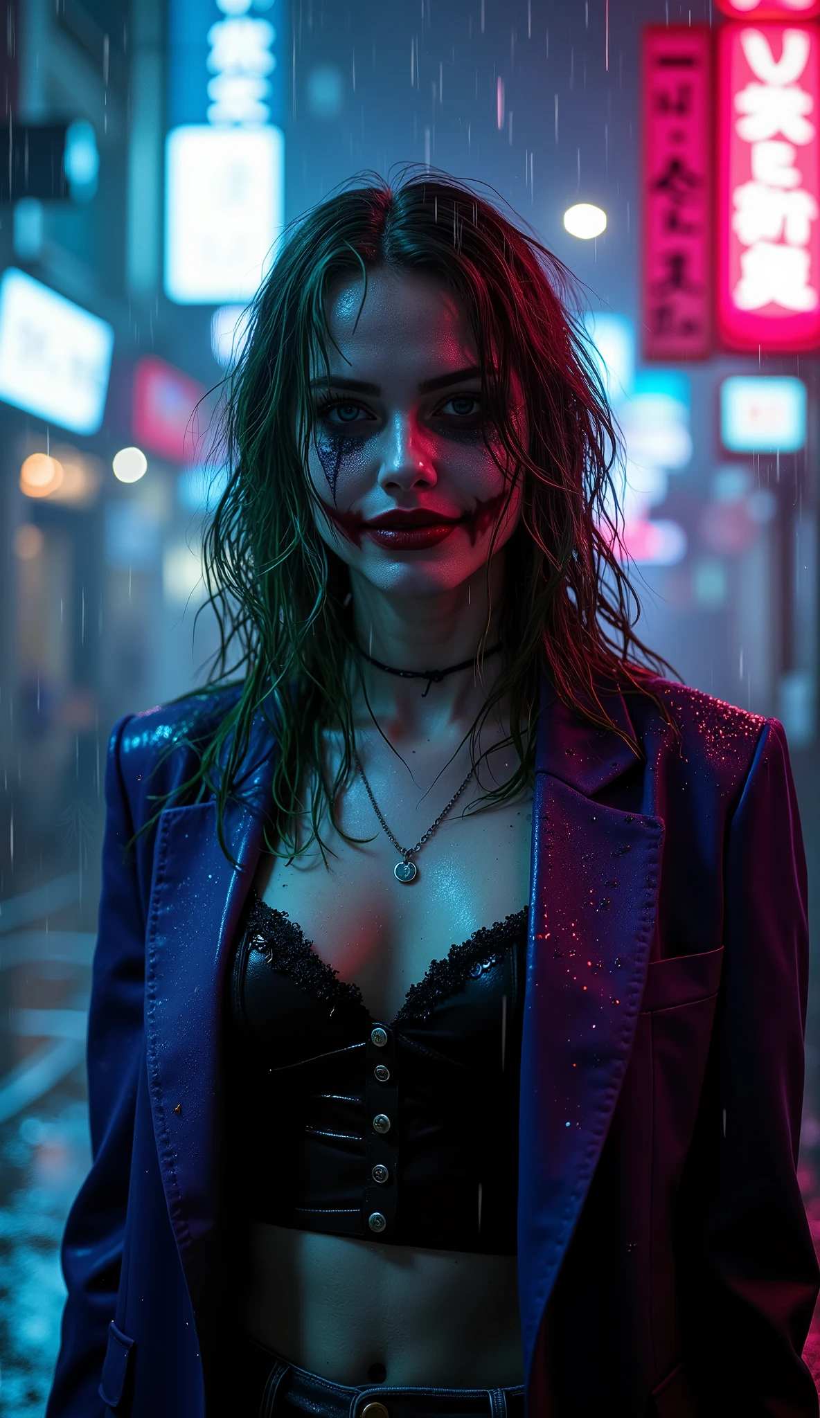 
Imagine the scene where this female version of the Joker stands on the edge of a dark, rain-soaked mountain, She is sad because her love has passed away, overlooking the distant lights of the city below. Above her head, a massive full moon shines brightly, casting a silver glow on her face that highlights the madness in her eyes. The cold wind rustles through the trees, causing her purple jacket to flutter slightly, revealing glimpses of the toned body underneath, with the barely-there bikini bottom barely visible. She has just left her mark in a twisted game of cat and mouse with the city's elite, leaving a trail of destruction and confusion in her wake.

Despite the storm around her, there is a calculated calm in her every move. She tilts her head back, letting the rain wash over her face, further smudging the heavy makeup, turning her into a spectral vision, a twisted perfection wrapped in chaos. The moon above feels as vast as the love she harbors, a love as overwhelming as her desire for chaos.

With a manic smile and dark eyes that seem to pierce the soul of anyone daring enough to face them, she pulls out a small, sharp knife from her jacket pocket, twirling it deftly between her fingers. The blade catches the moonlight, reflecting the insane gleam in her eyes. With one final glance at the distant city, she whispers to herself, "Let's put a smile on that face."

And with that, she vanishes into the shadows, her laughter echoing through the mountain—a sound as beautiful as it is terrifying, promising a night that no one will soon forget. sad very sad, 