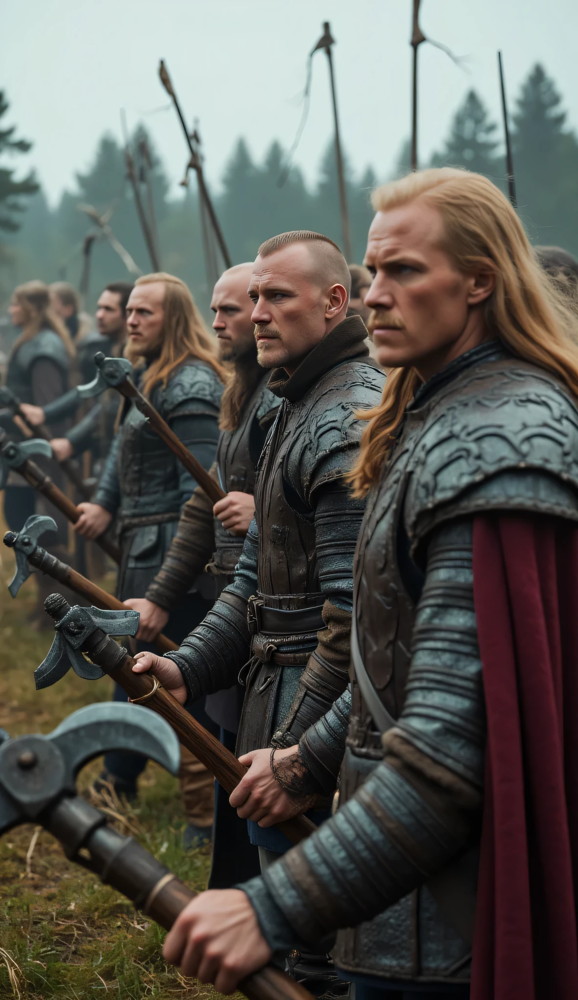 Create a visually stunning depiction landscape scenery of a Viking raiders tribe crowd unit from the medieval age, focusing on hyper-realism and intricate details. The scene should be symmetrically balanced, captured from an ultra-wide cinematic angle that immerses the viewer in the environment. Portray the group of Viking raiders in full armor, wielding their realistic intricately battle axe weapons with fierce determination. Emphasize the dynamic composition with central leading lines and rich uhd ambience that highlights the mixed lighting concept, showcasing the realism in their expressions and accurately rendered human anatomy, especially their hands. Zoom out to reveal the entire battle unit in its glory, ensuring the depth of field enhances the realism of the scene while incorporating the best 3D CGI textures to bring the historical Viking tribe to life. FantasyPunkAi Artwork.