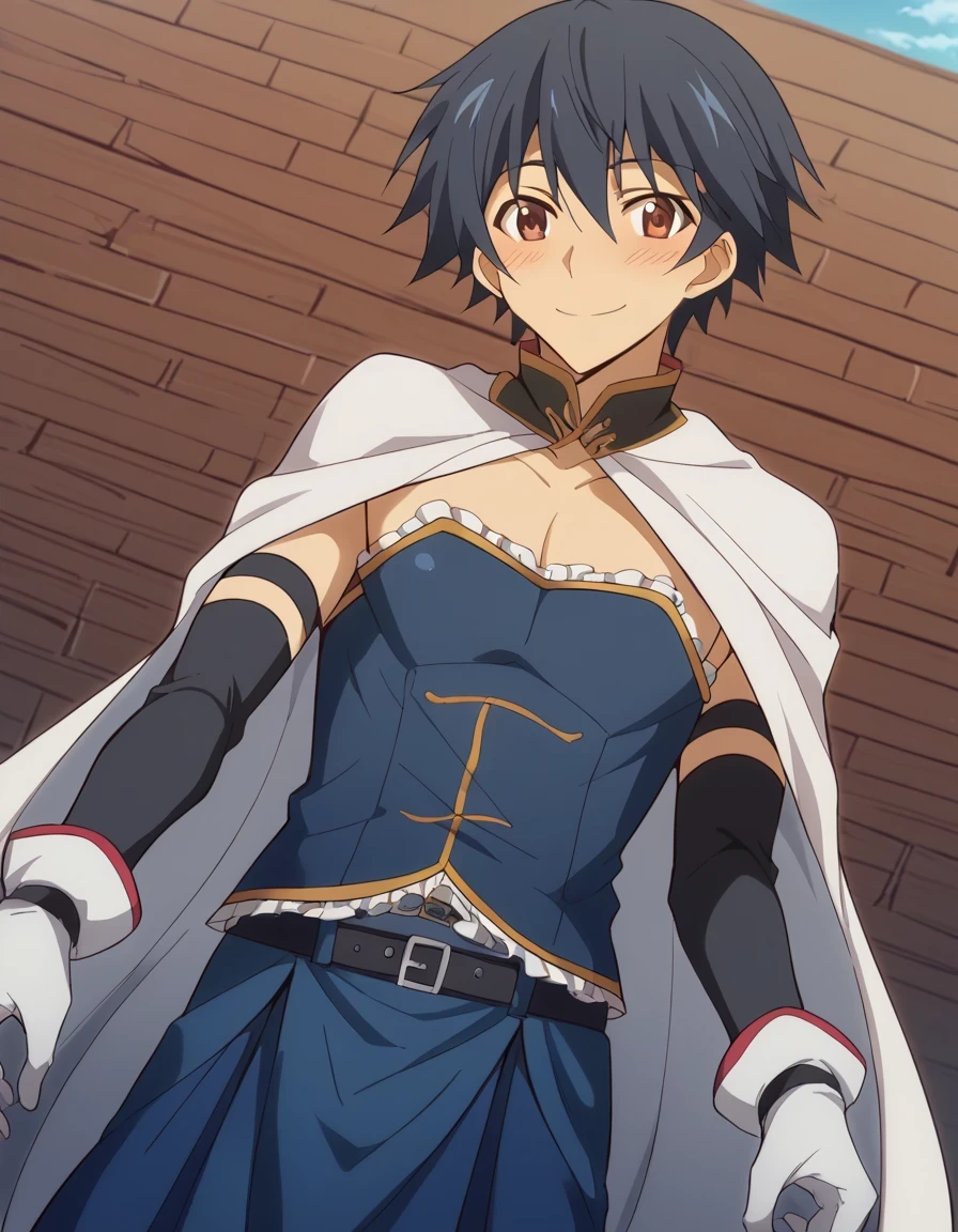 score 9 、score 8 up、score 7 up、source anime、anime coloring、 Masterpiece、 best quality、 best image quality、 high resolution、anime coloring、1Man、Ichika Orimura、、Ichika Orimura、Alone、 black hair、Short Hair、 brown eyes、、Miki Sayaka cosplay、Miki Sayaka (cosplay)、crossdressing、belt、Black sleeves、 Blue Skirt、White Cape、cosplay、white gloves、gem、sleeveless dress、 streets、Outdoors、smile、blush、 male focus、cowboy shot、looking at viewer、 dutch angle、