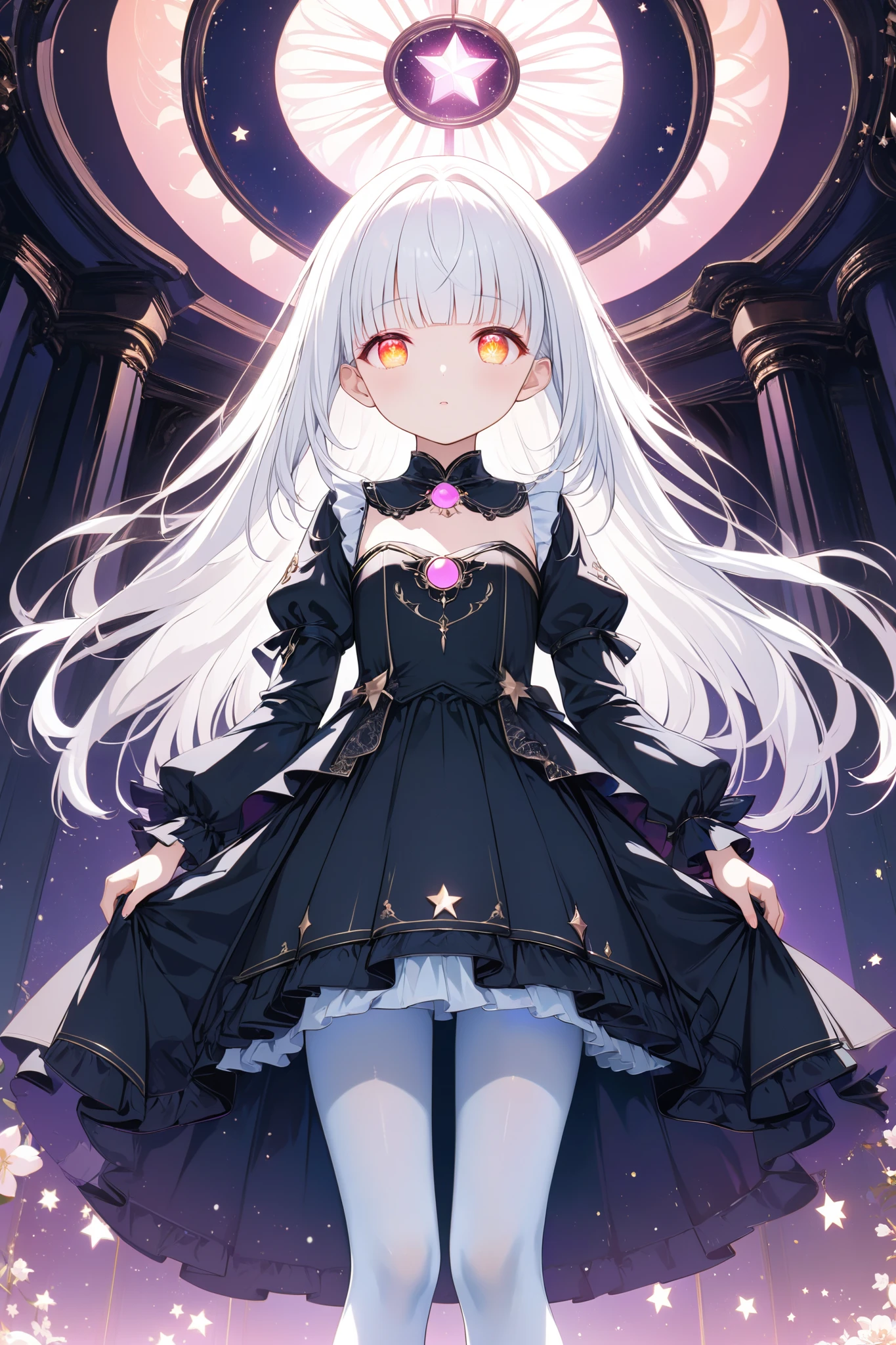  Ultra High Resolution ，wallpaper， art book style ， full-body photo ，Star，change， white hair ，Straight hair with full bangs， orange eyes， pink eyeshadow， glowing eyes， small boobs， white pantyhose，Little ， Black Palace Dress，Fashion changes ，stocking， Sexually evocative expression ，gaze，Stand Up Straight，（hypertrophic camel toe）shy，Head tilt， long hair， height detail， cinematic lighting， surreal atmosphere ， bright color ， 8k resolution，Show the sole of the foot，Lift the dress with both hands