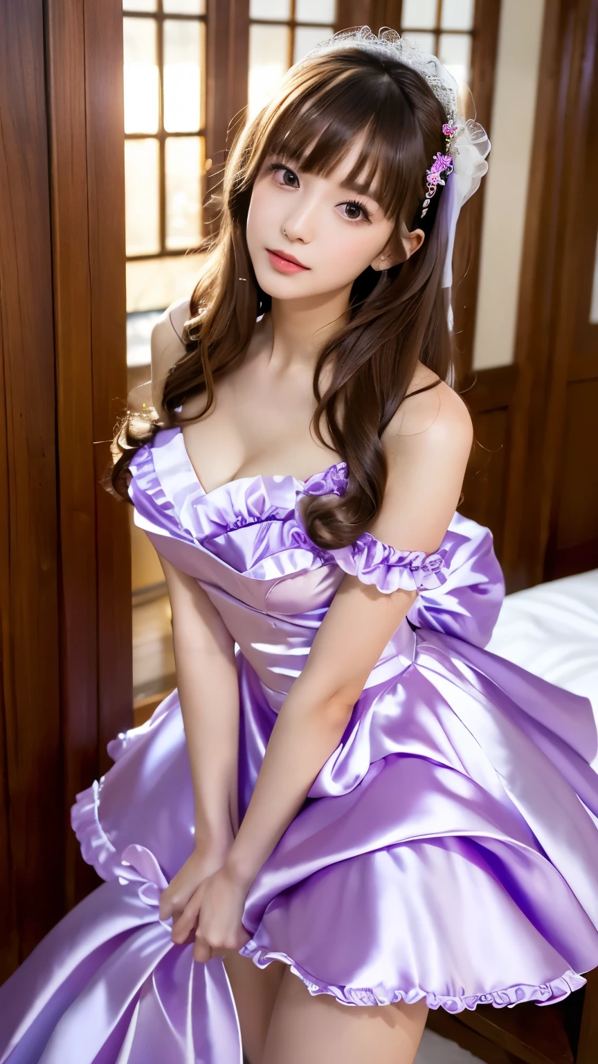 a woman in purple sheer skirt, gr3ysh33r, in the bed,mosquito net,silk bedding