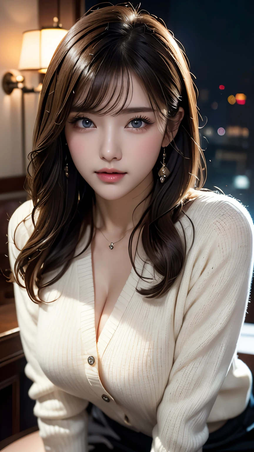 masterpiece, best quality, very well detailed, facing the camera , 複雑に詳細な highly detailed , by Nomi, Sharp Features, very well detailed, Sharp Concentration , Perfect Face, Perfect Face, Perfect Symmetry Perfect Eyes , Perfect Plump Lips, Flexible female body, cinematic , film light , highly detailed , hyper by Nomi, masterpiece, 雰囲気, high resolution, vibrant, DYNAMIC STUDIO LIGHTING, (( dark background)), Expressions when receiving pleasure , straight bangs , underbob、 blue eyes, white sweater , was taken by a cowboy, big breasted,