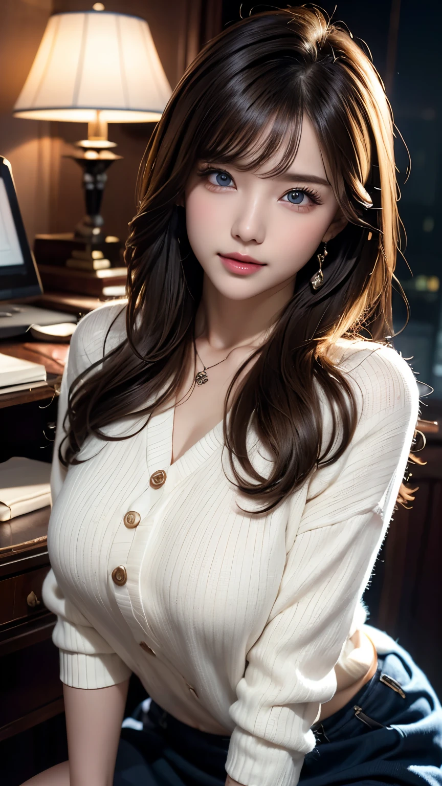  masterpiece,  best quality,  very well detailed,  facing the camera , 複雑に詳細な highly detailed ,  by Nomi, Sharp Features,  very well detailed,  sharp concentration,  Perfect Face,  Perfect Face,  Perfect Symmetry Perfect Eyes , Perfect Plump Lips, Flexible female body,  cinematic ,  film light ,  highly detailed , hyper  by Nomi,  masterpiece, 雰囲気,  high resolution,  vibrant,  DYNAMIC STUDIO LIGHTING, ((  dark background)), Expressions when receiving pleasure ,  straight bangs ,  underbob、 blue eyes,  white sweater ,  was taken by a cowboy,  big breasted,