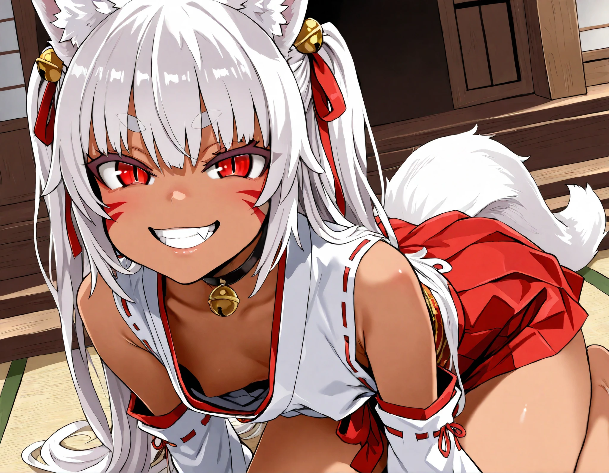 (best quality, highest quality:1.2), masterpiece, Ultra-high resolution, rich contrasts, HD, 8k, fine skin, no makeup, ideal ratio body proportions,
1girl, anime girls, asanagi style, mesugaki, dark skin, tan, red eye, slit pupils, ((white fox ear, white fox tails)), Wicked Smile, evil grin, fang,
very long two side up, white Hair, thick eyebrows, red highlights hair, Hair ribbon bell, bell choker, bimbo, ((dim body)), flat_chest, (facial mark),
nontraditional miko, bare shoulders, miko, red obi sash, red short skirt, skirt cutout, ((downblouse, no panties)),
looking at viewer, lewd, cute, big eyes, ero, ecchi, Sitting with Knees Up,
Score_9,Score_8,score_7_up,source_anime, rating_questionable, shrine,