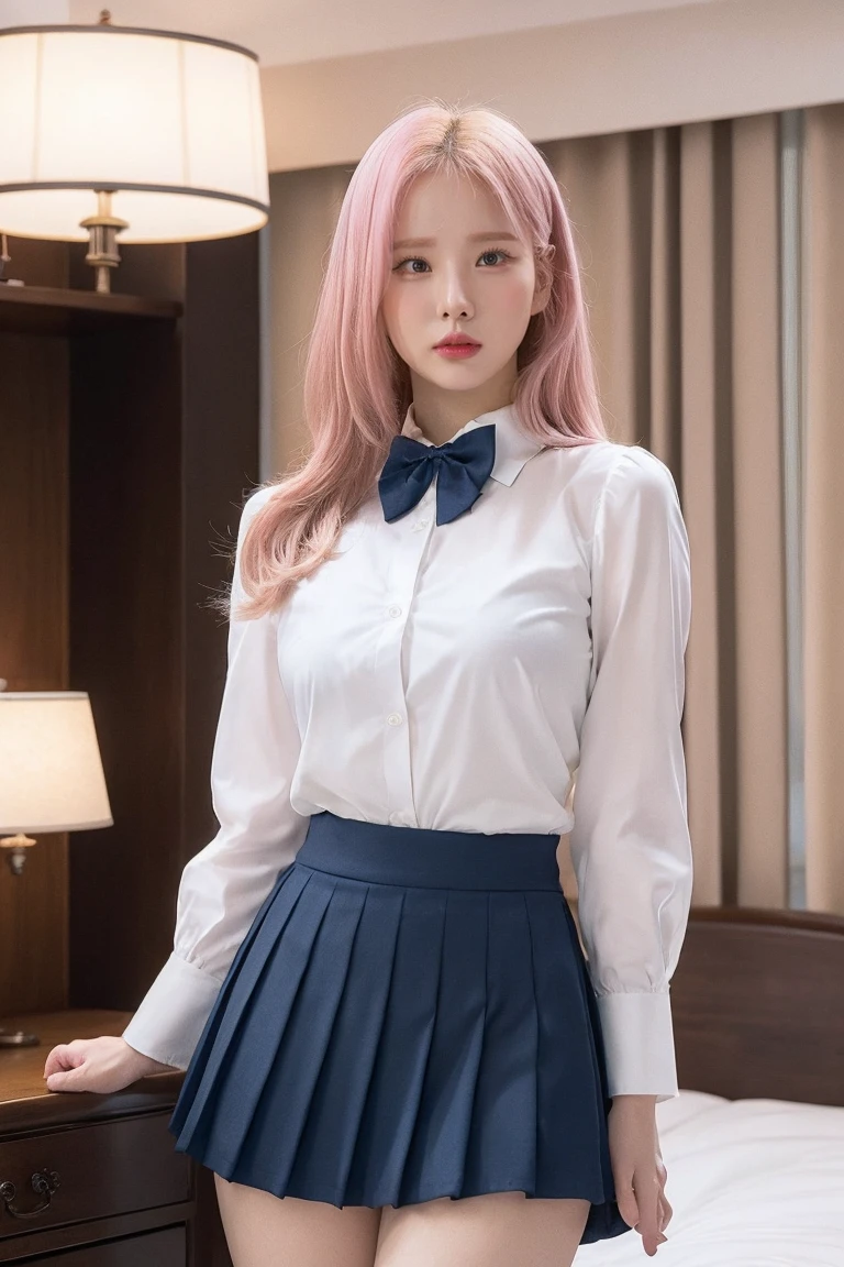Highest quality,girl,high school girl,uniform,White long sleeve blouse,Dress shirt,Navy blue pleated skirt,Black knee-high, Blonde and pink hair, Brown eyes,cute,Sitting,wavy hair,smile,