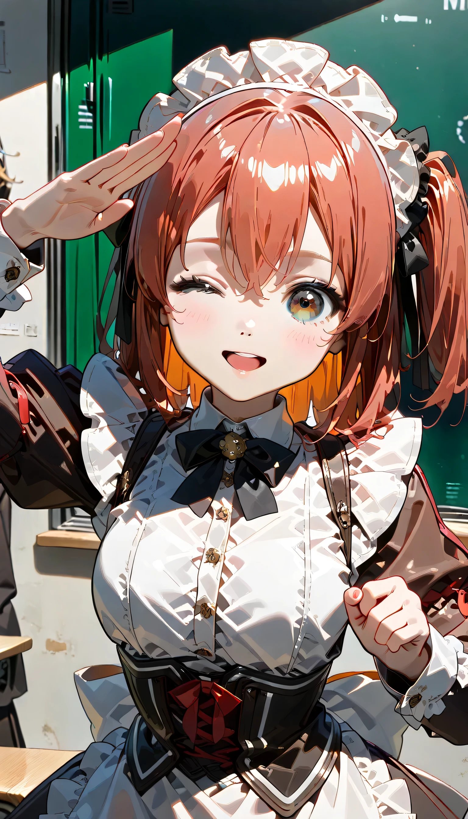 ((ultra-detailed)), (highly detailed CG illustration), (best quality:1.2), ultra-highly detailed, colorful composition, artistic photoshoot, ((1girl:1.4)), ((solo focus:1.4)), ((upper body:1.4)), moe anime character,  girl, dainty facial structure, (bab(round face), ((rounded chin)), ((ideal ratio body proportions)), ((red hair color:1.4)), ((medium hair:1.4)), little hair is tied a side, green eyes, sparkle eyes, ((one eye closed)), ((floating hearts)), ((smile)), (happy), (joyful), expecting, pink cheek, blush, light pink gloss slip, french maid uniform, ample breasts, maid headdress, from front, ((salute showing palm with right hand:1.4)), ((spread left arm outside)), standing by school classroom, ((dynamic pose:1.4)), portrait, depth of field, soft lighting, sidelighting, (shine), lighting, caustics, ray tracing, smile, perfect face, lustrous skin, highly detailed face, highly detailed eyes, perfect face, perfect nose, perfect hair, perfect eyes, perfect anatomy, beautiful hair, beautiful small face, extremely detailed face, beautiful detailed eyes, beautiful clavicle, beautiful body, beautiful huge breasts, leavage, breasts squeezed together, equalize the size of the left and right breasts, beautiful thin thighs, beautiful legs, beautiful fingers, beautiful fingers, ((4 fingers)), 1 thumb, lovely, (very detailed background:1.0), (highly detailed background:1.0), spring aesthetic, intricate details, joyful atmosphere, spring colors palette, chromatic aberration