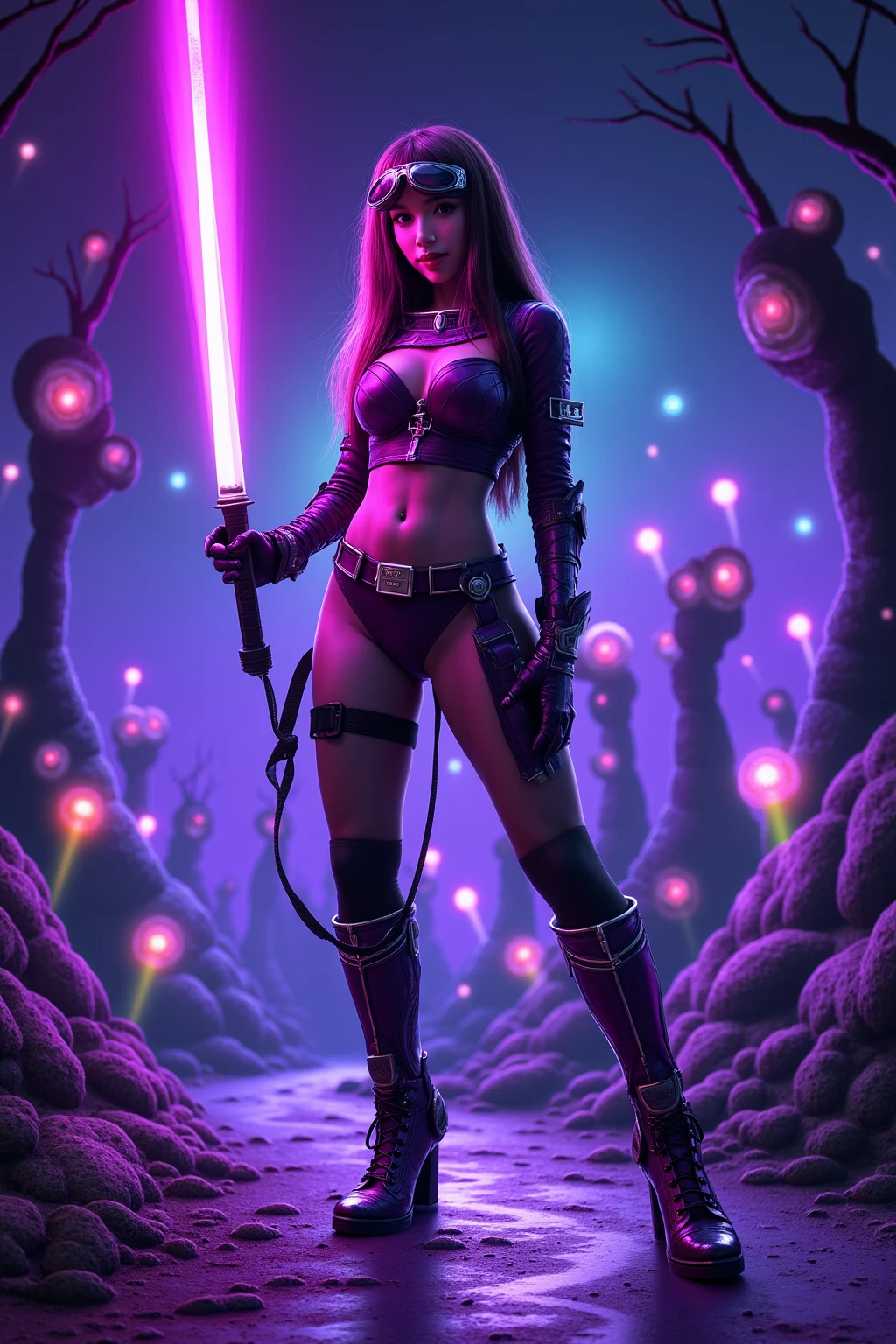 Luciwilde is a sexy cyborg with a entirely electric purple metallic body(obviously mechanical), metal helmet stylized as a fashion model hairdo (no hair visible), and a completely human face. She is flying through space propelled by jets in her feet. She has a guitar with a laser rifle built into it. Full body shot, show all of her, action pose with her weapon, best quality, extreme attention to detail, beautiful face