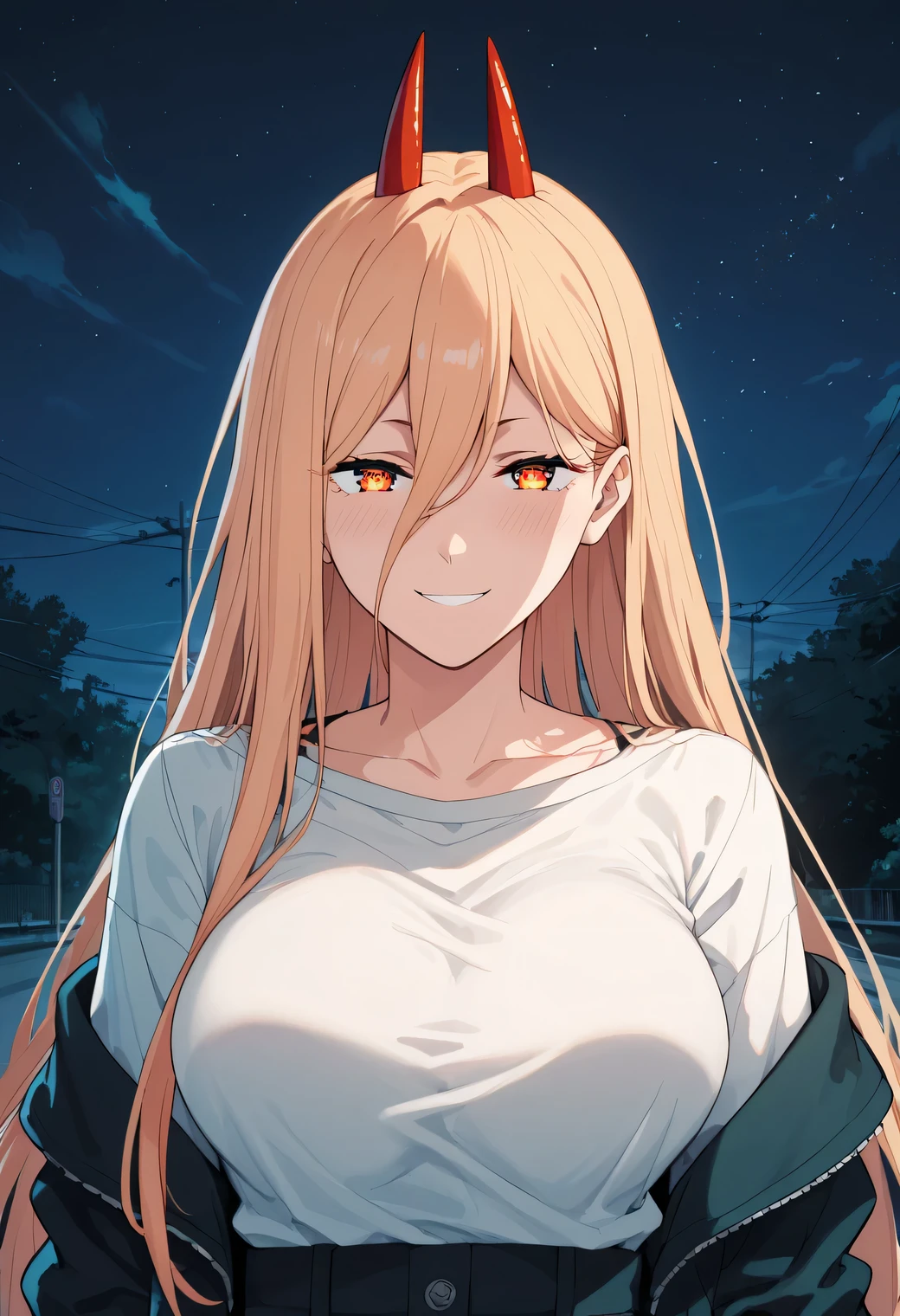 score_9, score_8_up, score_7_up, score_6_up, score_5_up, score_4_up, best quality, masterpiece, colorful, very aesthetic, anime, BREAK, half closed eyes, blush, smile, seductive, night,1girl, p0w3r0x1, long hair, blonde hair, red horns, demon pupils, in an insanely low-cut black carbon-fiber top, cut so deep it’s just panels framing her torso, paired with matte garters and fishnet stockings with circuit-like patterns, her presence radiating sleek, next-gen cool, looking at viewer, large breasts