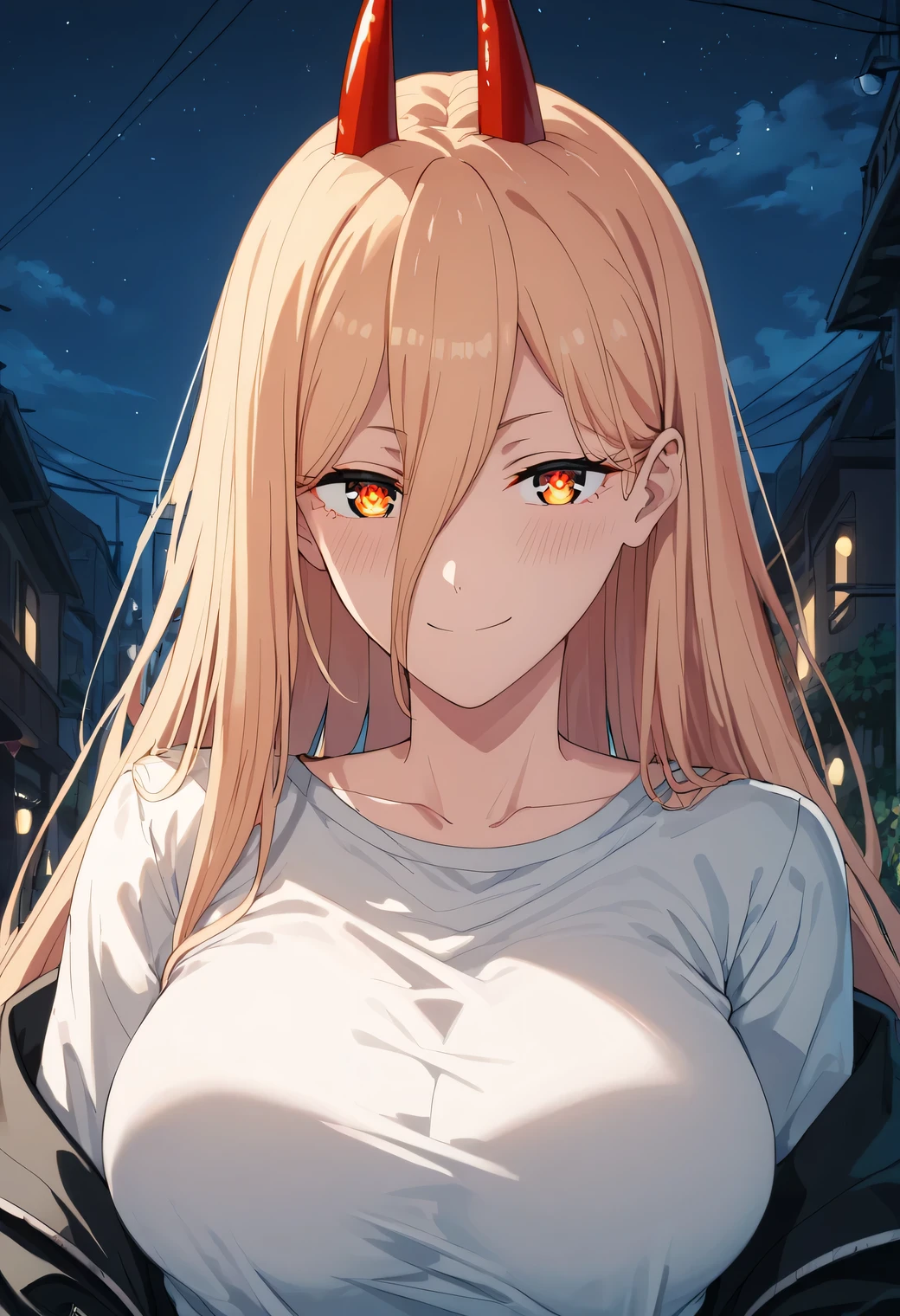 score_9, score_8_up, score_7_up, score_6_up, score_5_up, score_4_up, best quality, masterpiece, colorful, very aesthetic, anime, BREAK, half closed eyes, blush, smile, seductive, night,1girl, p0w3r0x1, long hair, blonde hair, red horns, demon pupils, in an insanely low-cut black carbon-fiber top, cut so deep it’s just panels framing her torso, paired with matte garters and fishnet stockings with circuit-like patterns, her presence radiating sleek, next-gen cool, looking at viewer, large breasts