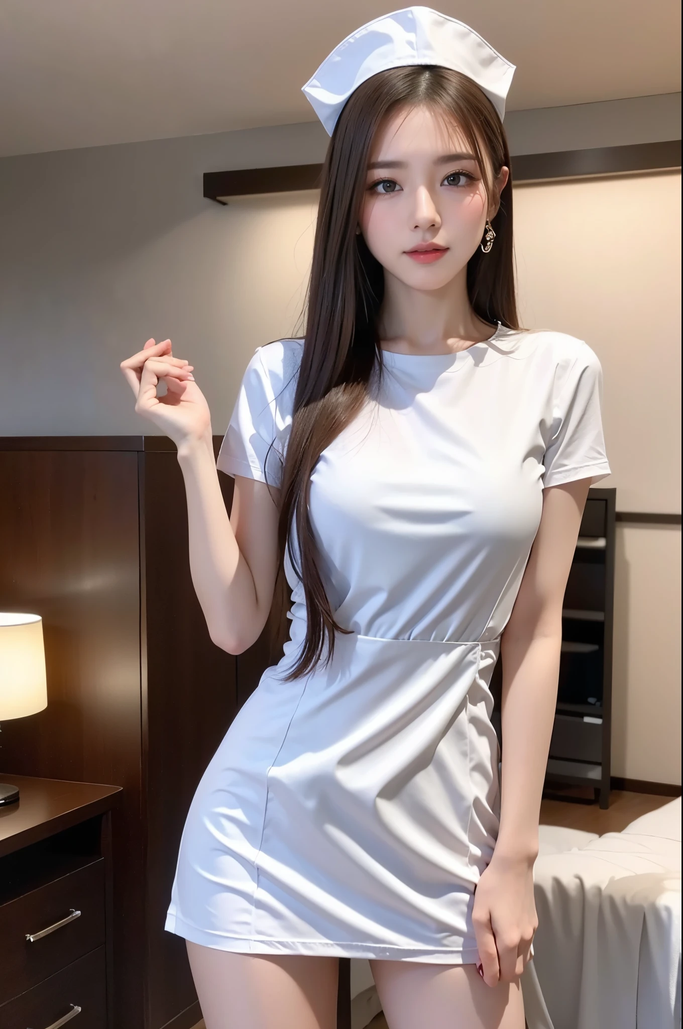 Upper class girl in elegant formal dress of random color、Fluttering Pose、A sly smile、embarrassed from、Embarrassing、Sitting in bed、