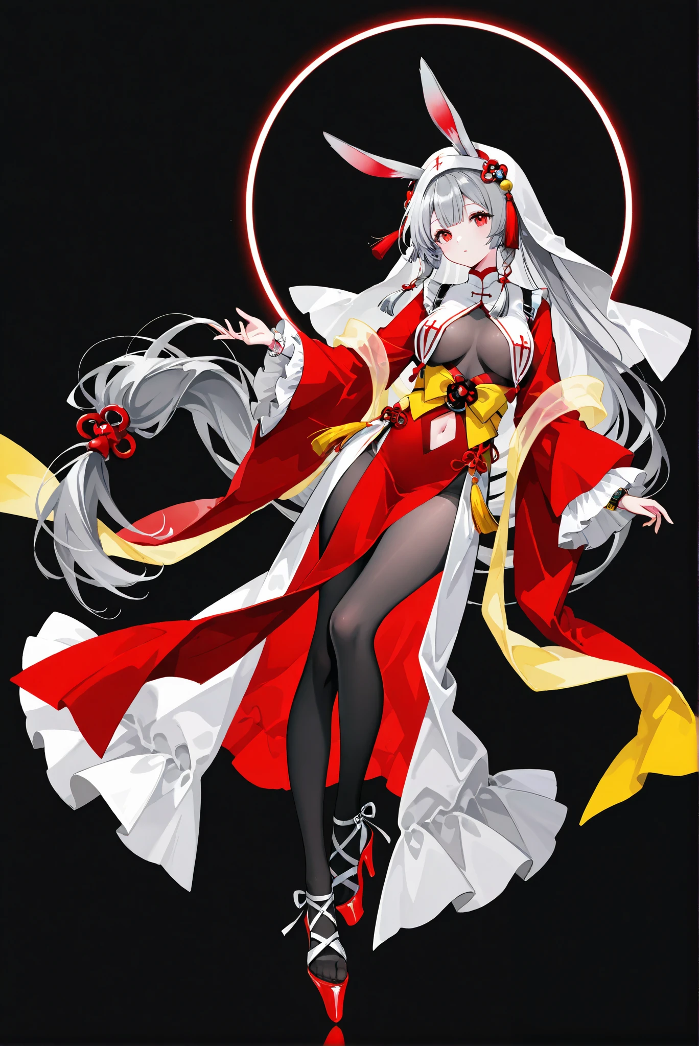 ( stands,whole body, high heels:1.7),HoleHeels,oval/Circle/Thorn/Horn Heels,ruanyi0847,bodysuit,breast curtains,dress,nun,pantyhose,pelvic curtain , Limited Color Palette, Black Background ,Colorful, vivid colors ,Flashing silhouette ,neon,black light ,watch, Masterpiece, very beautiful ,,red eyes, grey hair, very long hair, low-tied long hair, rabbit ears, braided sidelocks, hair tassel, hair ornaments,red eyes, grey hair, very long hair, low-tied long hair, rabbit ears, braided sidelocks, hair tassel, hair ornaments, sleveless, red kimono, tassels, shoulder strap, detached wide sleeves, frilled sleeves, see-through floating shawl, yellow sash, belt bow, navel cutout, long white skirt, overskirt, or, sandals