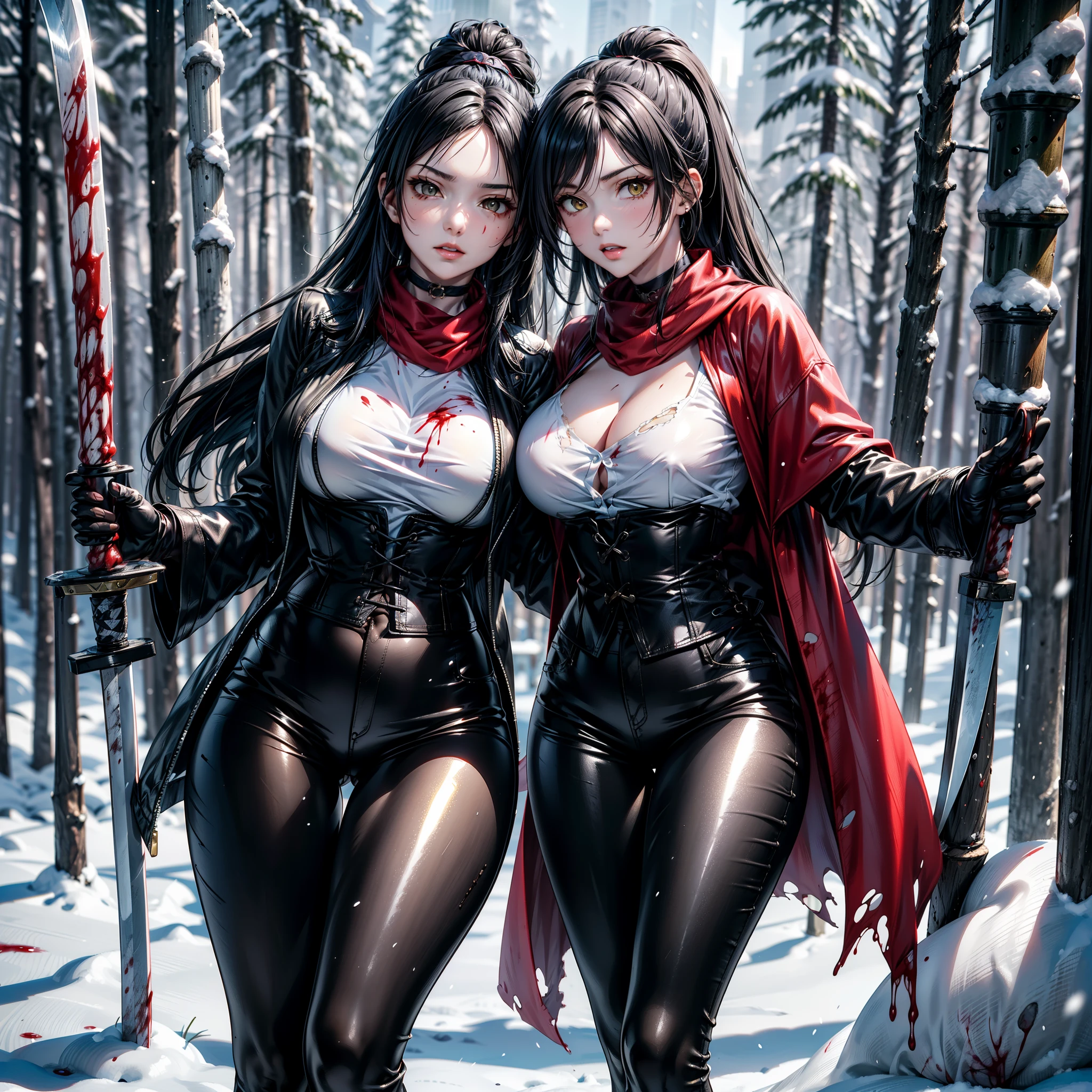 masutepiece,A hyper-realistic,32K,the Extremely Detailed CG Unity 8K Wallpapers, Best Quality,(2 Beautiful Japan Woman),bobhair,Dark heroine,(((Red latex cape))),Red latex hoods,(latex bikini),Large bust,Skin fit,(low angles),a moon, (Film Overlay:1.3),A smile, ((Hugging and looking at us)),in woods,falls,Looking here