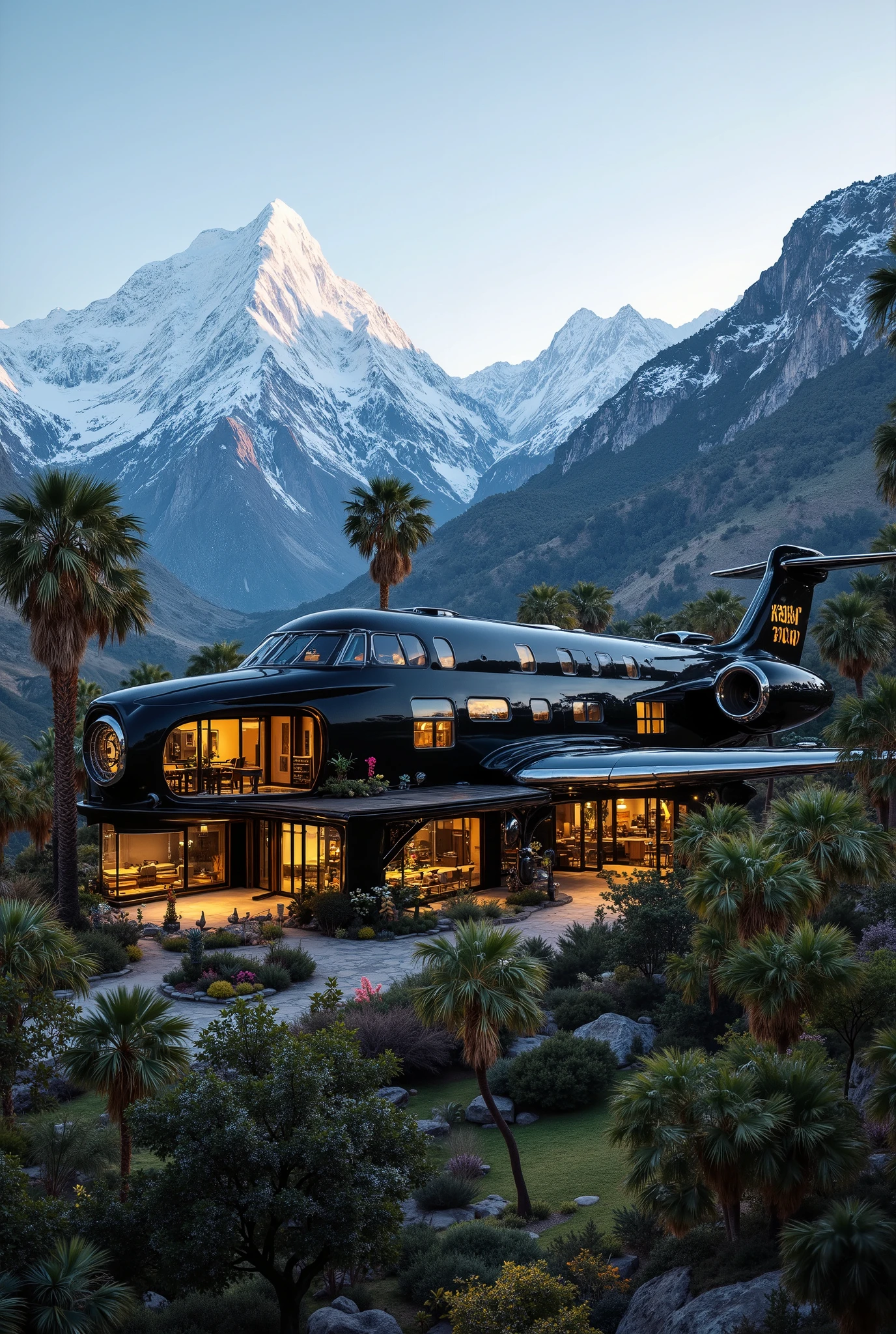 [id422363793|Екатерина], вот это 1:

The photo shows a luxurious black private jet transformed into a stunning home. It is set amidst lush greenery, with palm trees and against a backdrop of majestic mountains. The wings of the aircraft have been extended to create the structure of the house, and the interior can be seen through the large windows. The house is lit with warm light, creating a cosy and welcoming atmosphere. The surrounding landscape is serene and tranquil, making it an ideal retreat from the hustle and bustle of the city. View right.