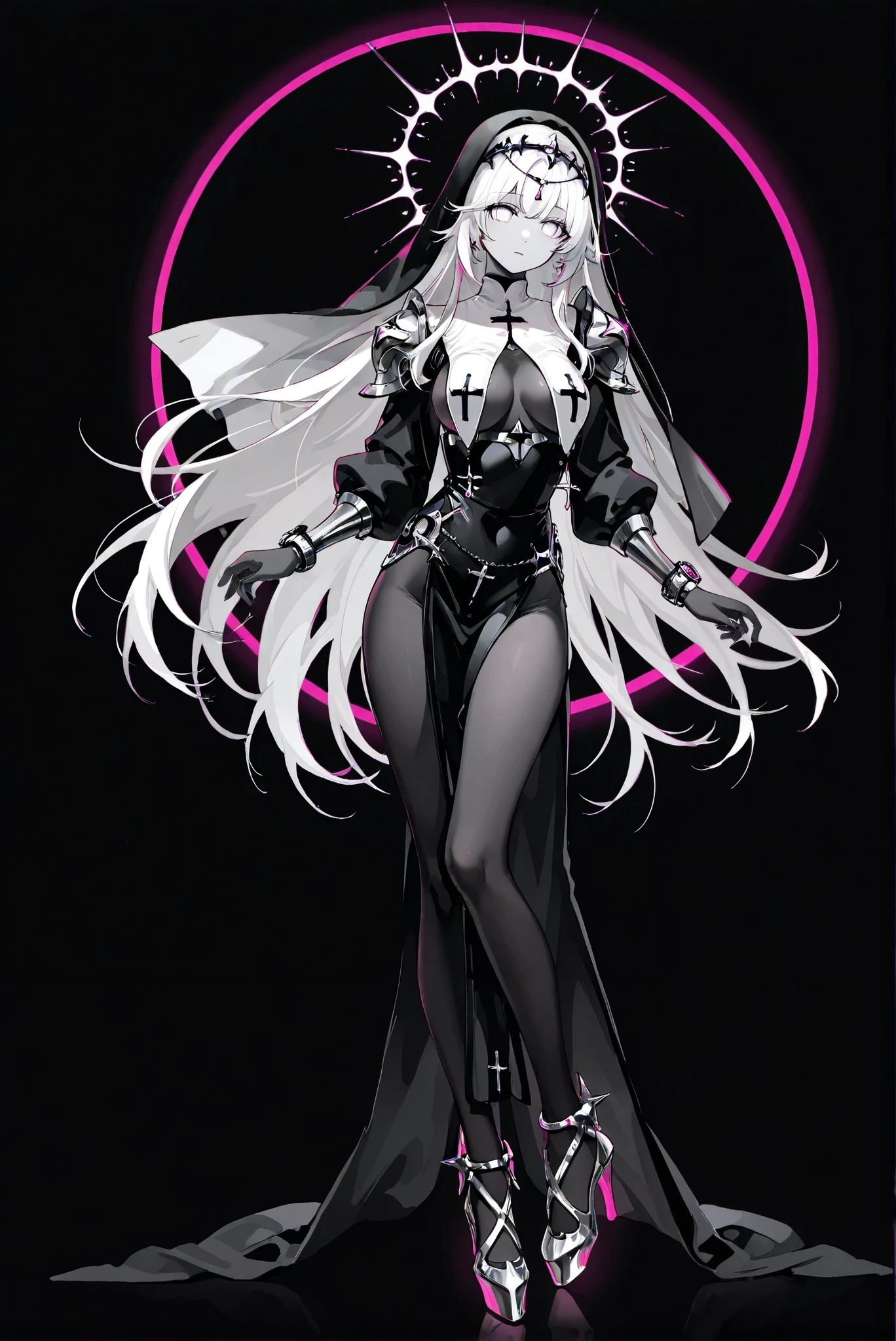 ( stands,whole body, high heels:1.7),HoleHeels,oval/Circle/Thorn/Horn Heels,ruanyi0847,bodysuit,breast curtains,dress,nun,pantyhose,pelvic curtain , Limited Color Palette, Black Background ,Colorful, vivid colors ,Flashing silhouette ,neon,black light ,watch, Masterpiece, very beautiful ,,,Abrelshud_Act2, 1girl , long hair, Alone, white eyes, dress, circlet, colored skin, white hair, black dress, shoulder armor, very long hair, (grey skin:1.5), armor, pauldrons, pale skin, no pupils