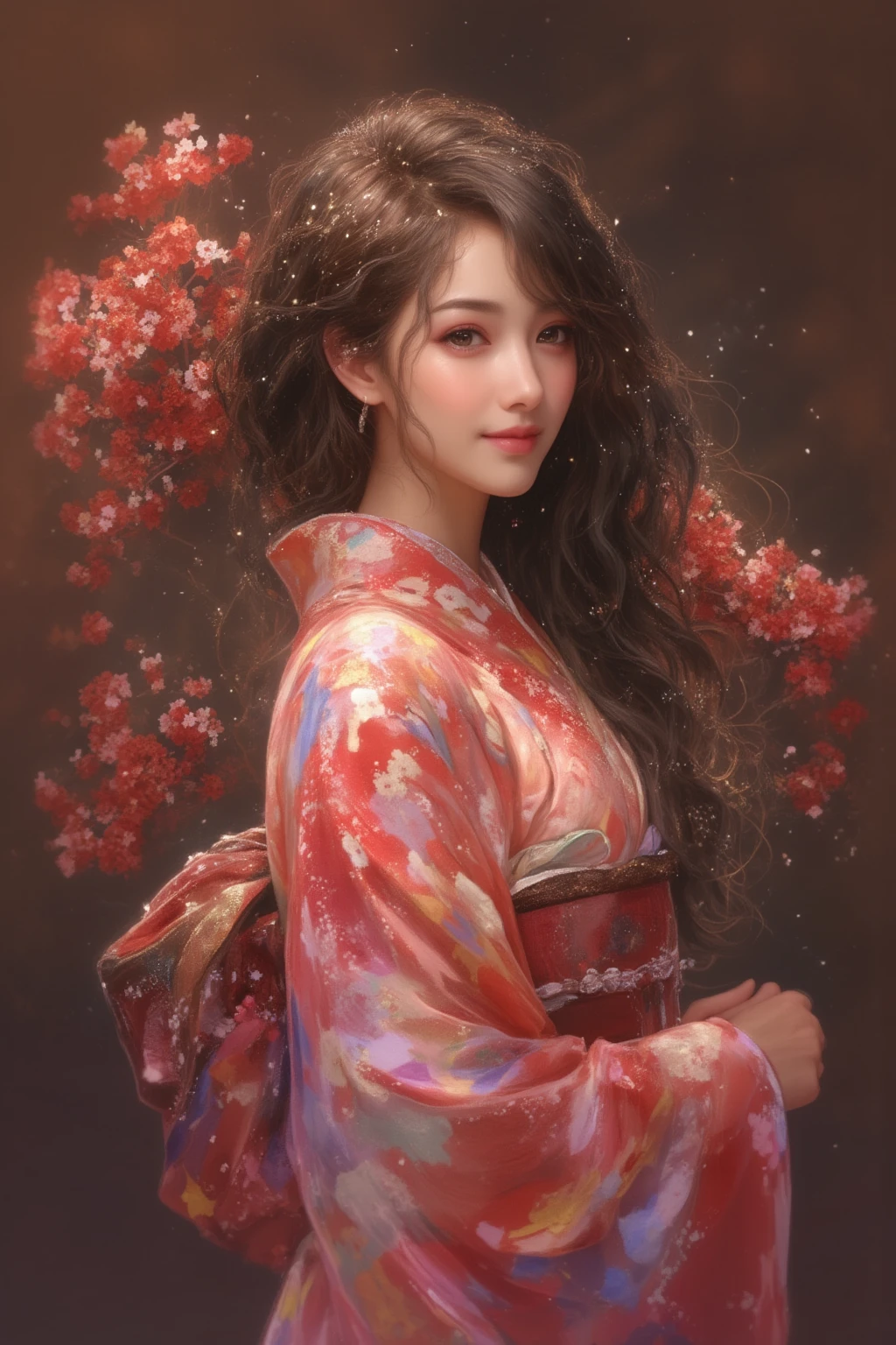(((Brown watercolor painting :6、 Acrylic Painting )))、Cherry blossom trees、Girl holding a cherry branch、 happy expression、smile、Shiny detailed long hair、 black hair、 detailed kimono、 Textured Belt、Tying the obi、( twinkle、 fluffy、bokeh)、((( dark sepia filter)))、Plain background