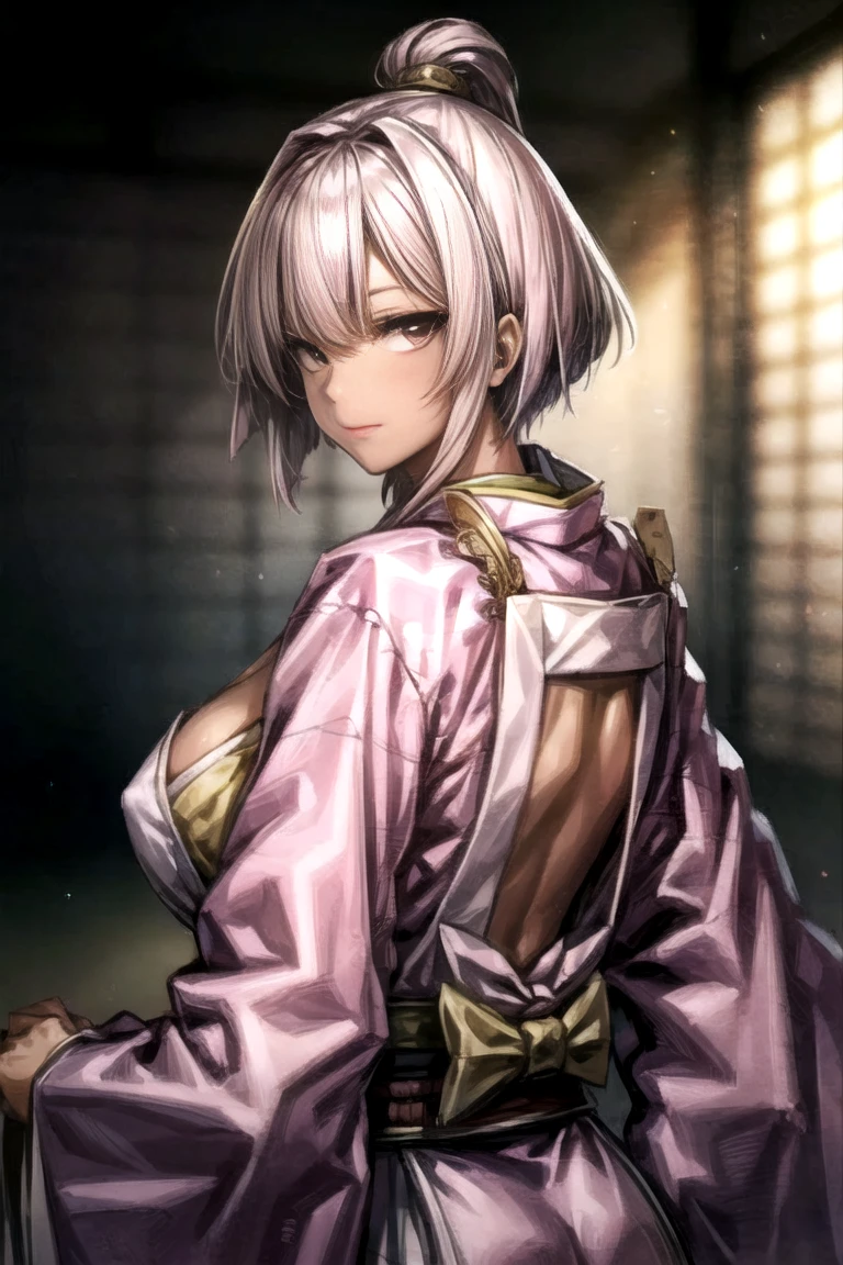 (masterpiece, top quality, best quality, official art, beautiful and aesthetic:1.2),1girl, tattoo, solo, japanese clothes,  hair ornament, unsheathing, pink hair, sheath, back tattoo, violet eyes,  off shoulder, bare shoulders, looking back, from behind, flower, looking at viewer,  holding, makeup, 
indoor, orejas de gato rosa
