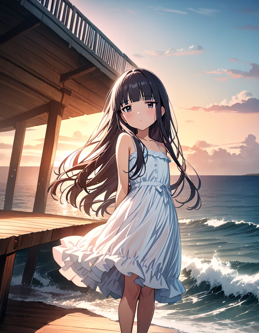 1girl, (solo:1.2), ((masterpiece)), [slim], (small breasts), pale skin, ((detailed eyes)), (background blur), (dynamic angle), dynamic pose, watching sunset, sun sets over ocean, rocky coast, lighthouse, golden glow, ethereal quality, summer dress, pink dress, flower embroidery, wide-brimmed sunhat, white sneakers