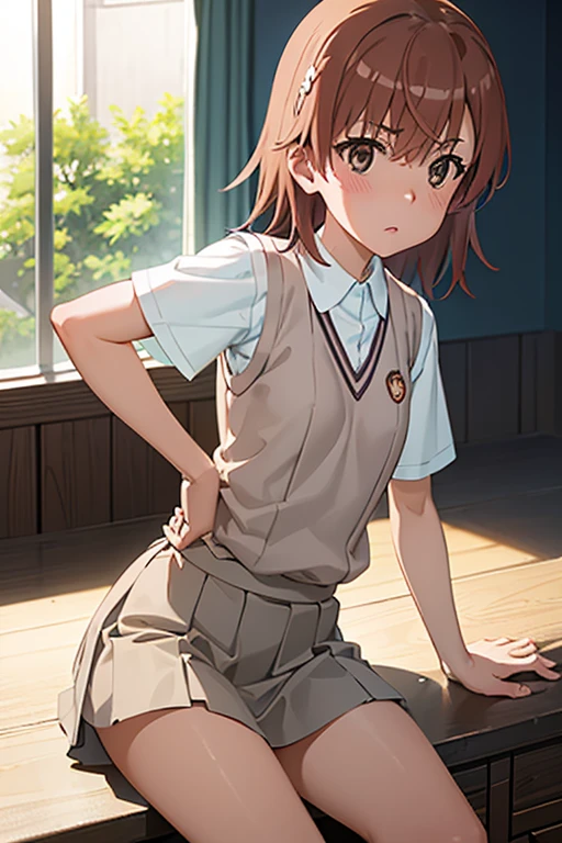 Smooth anime CG art、Focus Only、1 girl、Front view、Upper Body、(((Grey Skirt)))、Sweater vest、Short sleeve、(((Small breasts)))、(((sweat)))、Semi-short hair、(((Sweaty)))、Watery eye、blush、(((Embarrassed look)))、((Open your mouth))、(((Are standing)))、((indoor))