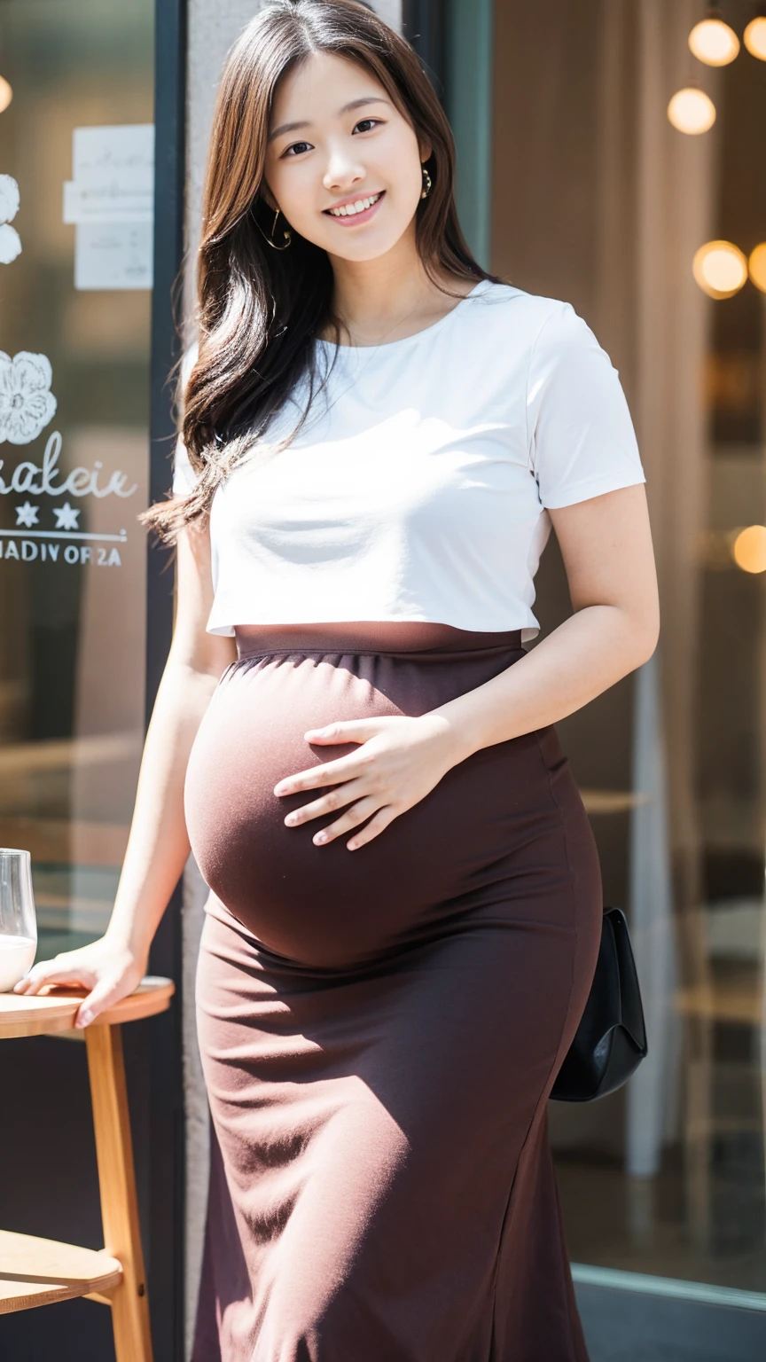 8k, masterpiece, very realistic, Full body Sexy pregnant cat woman, cat ears, very slim waist, slim thighs, pleated red mini skirt, black crop top, long light brown hair, medium breasts, pregnant, curved back, cat-like pose, side view, blushing 