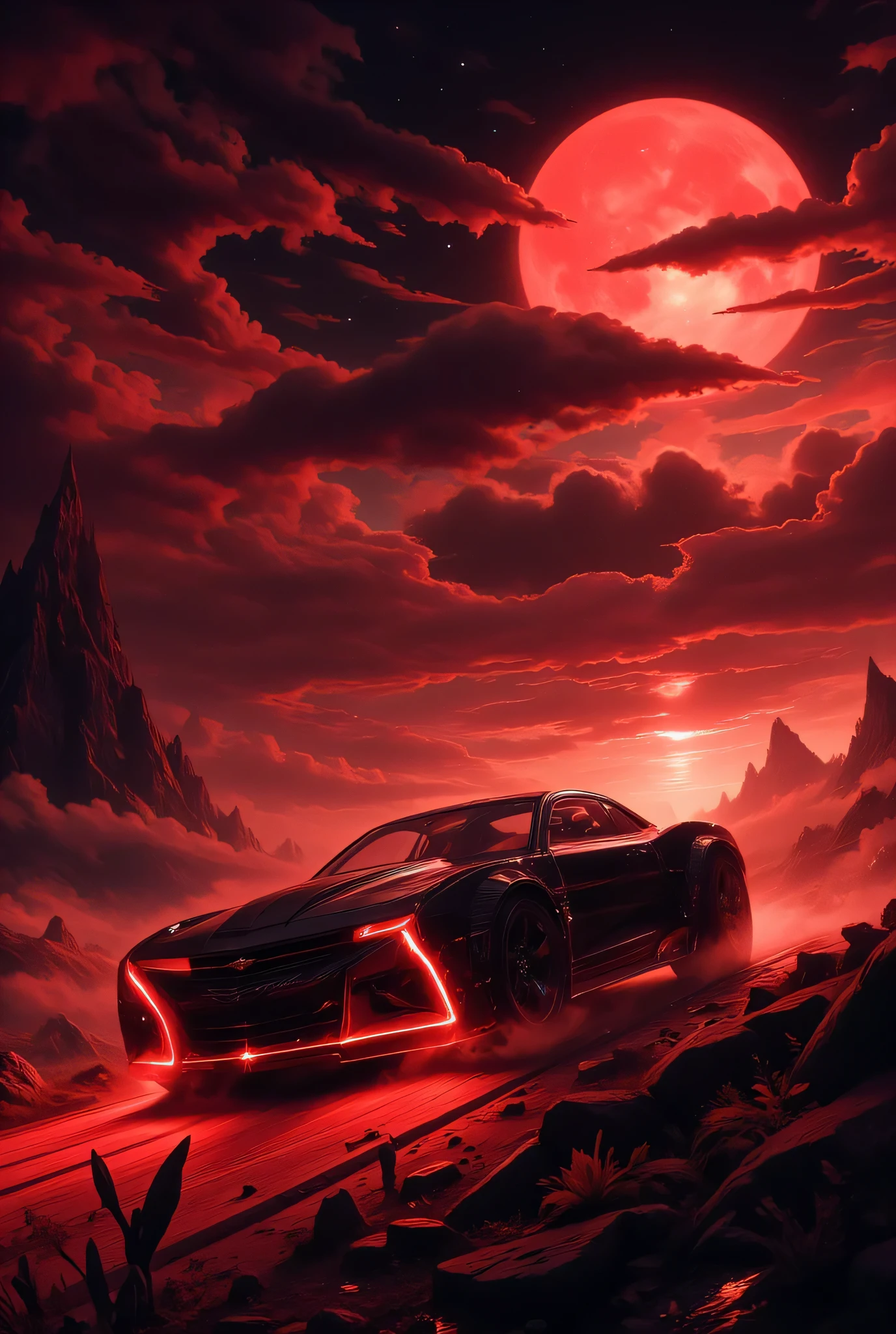 Arafed, Dark fantasy art, Art Deco style, fantasy art, goth art, Chevrolet Camaro as a vampire car, black car, red lights, fangs driving at night, red clouds, full moon,
INFO