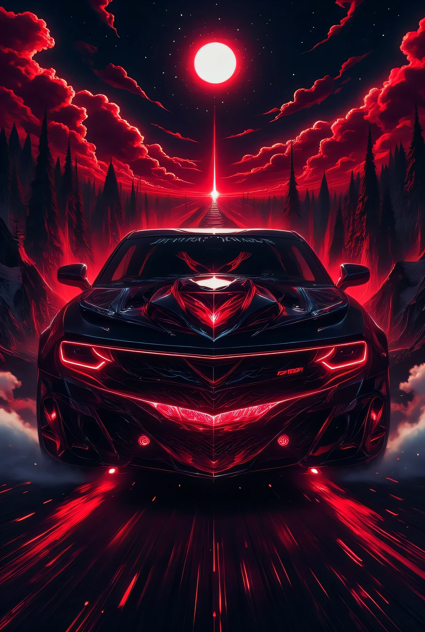 Arafed, Dark fantasy art, Art Deco style, fantasy art, goth art, Chevrolet Camaro as a vampire car, black car, red lights, fangs driving at night, red clouds, full moon,
INFO