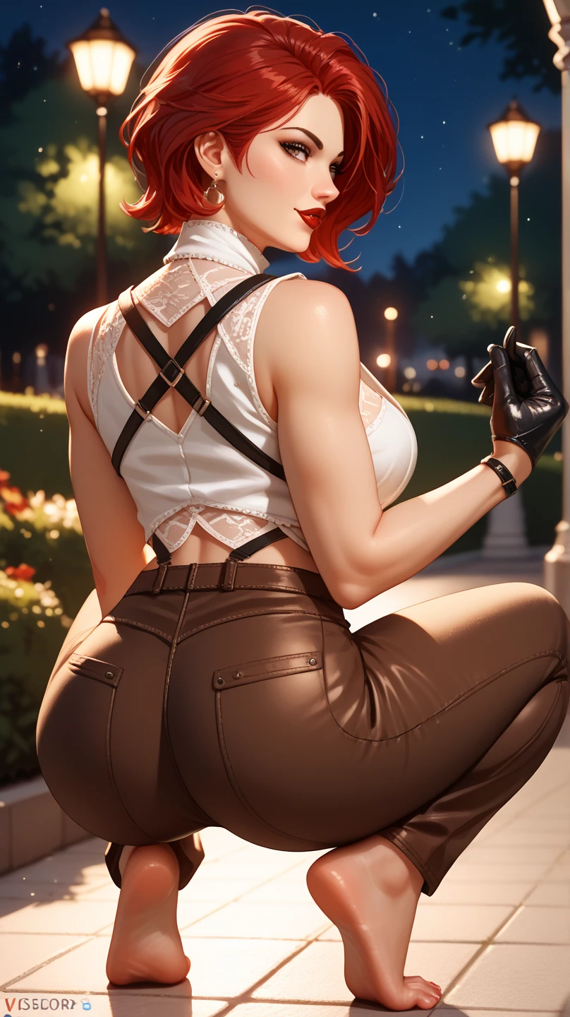 (masterpiece,best quality,absurdres,beautiful,aesthetic,detailed),looking at viewer,outside,field,1girl,wide stance,buttlift,from behind,big booty:1.2,evolutionrogue, short hair, miniskirt,pantyhose,green shirt,off shoulder, gloves, multicolored hair, choker, black gloves, collar, two-tone hair, makeup, lipstick, spikes, spiked collar, black lips, dyed bangs, parted bangs, studded collar <lora:rogue:0.8> <lora:ButtLiftV14:0.8>