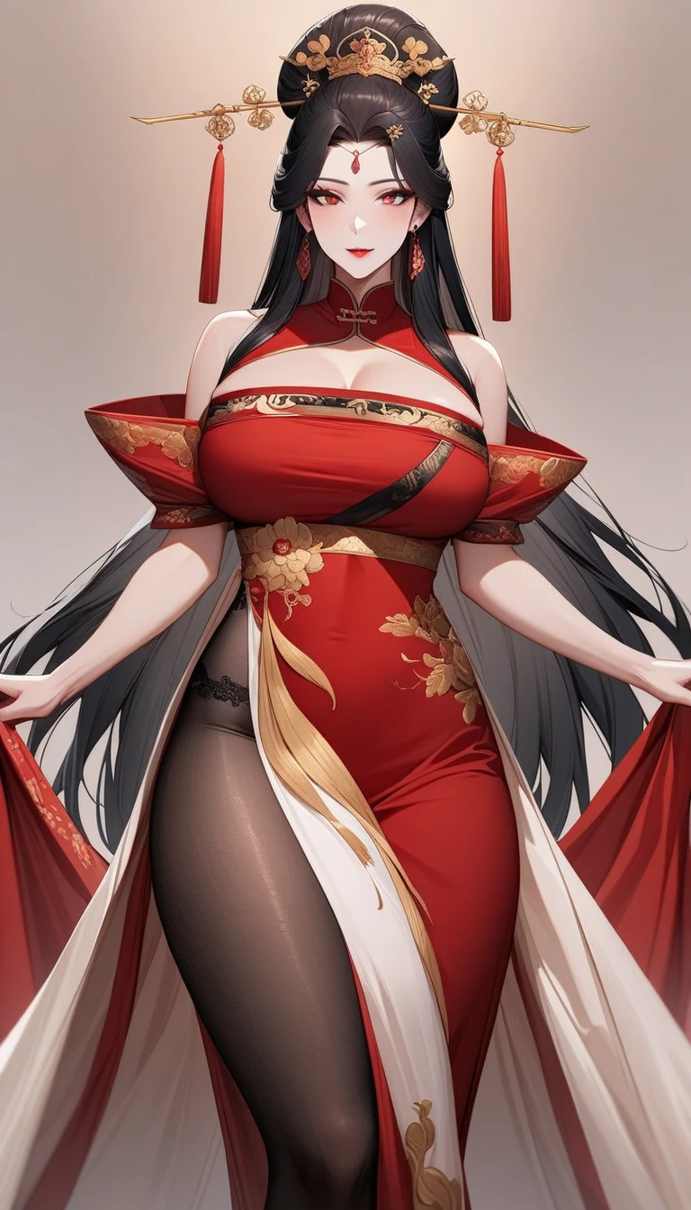 Black-haired busty beauty，Chinese imperial concubine clothing，cleavage，slim figure，Bare Legs，embroidered shoes，Standing，Chinese Palace，bangs between eyes, hairpin, 