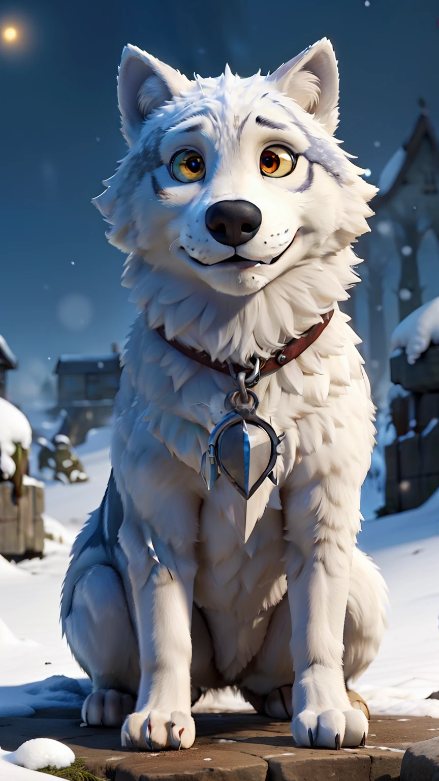 White snow wolves lurking, eyes glowing.
Arn in a defensive position, holding a dagger.