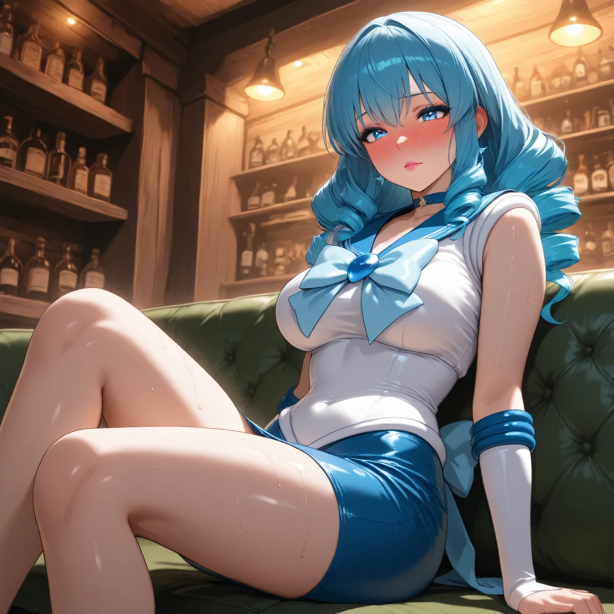 (Masterpiece) (High Detail) (High Res) A close up of short petite humanoid girl with pale human skin and blue eyes and long blue hair and blue dog ears and a big fluffy dog tail and small average breasts. British face. She is stood alone against the bar in a nightclub and is wearing a blue sequin covered dress. She looks shy.