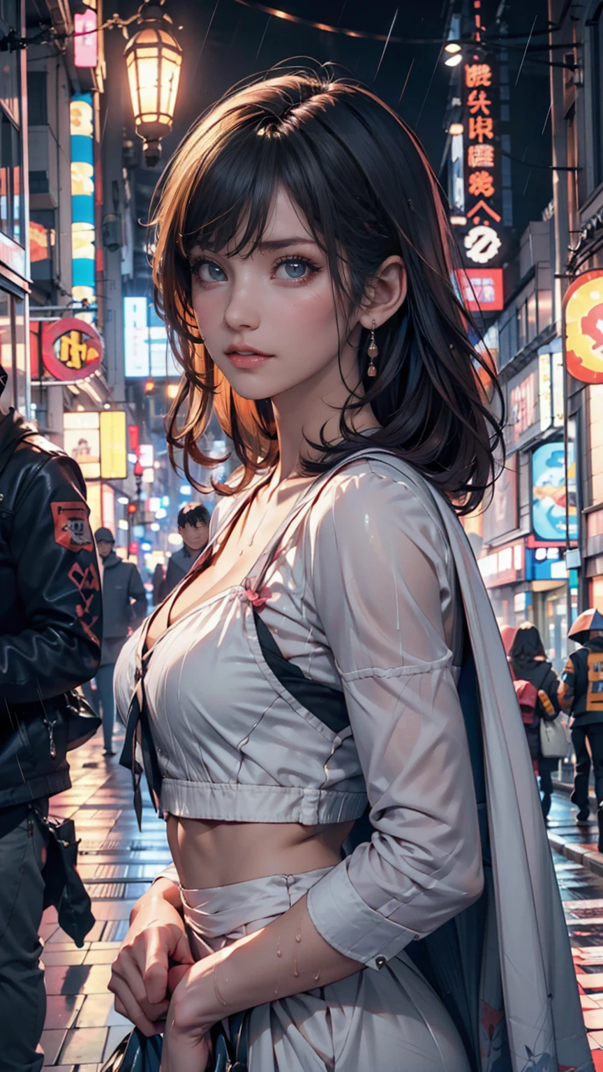 (ultra realistic,32k, masterpiece:1.2),(high detailed skin:1.1),( 8k uhd, dslr, high quality:1.1),
 <lora:misato-nvwls-v1:0.8>misato, black eyes, parted bangs,black-Purple hair,  long hair, earrings, cross necklace, red jacket, long sleeves, black dress, , <lora:add_detail:0.87>, (huge breast:1.1), 
(looking at viewer, Bend forward:1.1),
,(soft shaded neon light:1.1),ai-controlled smart city, automated systems, intelligent infrastructure, optimized living