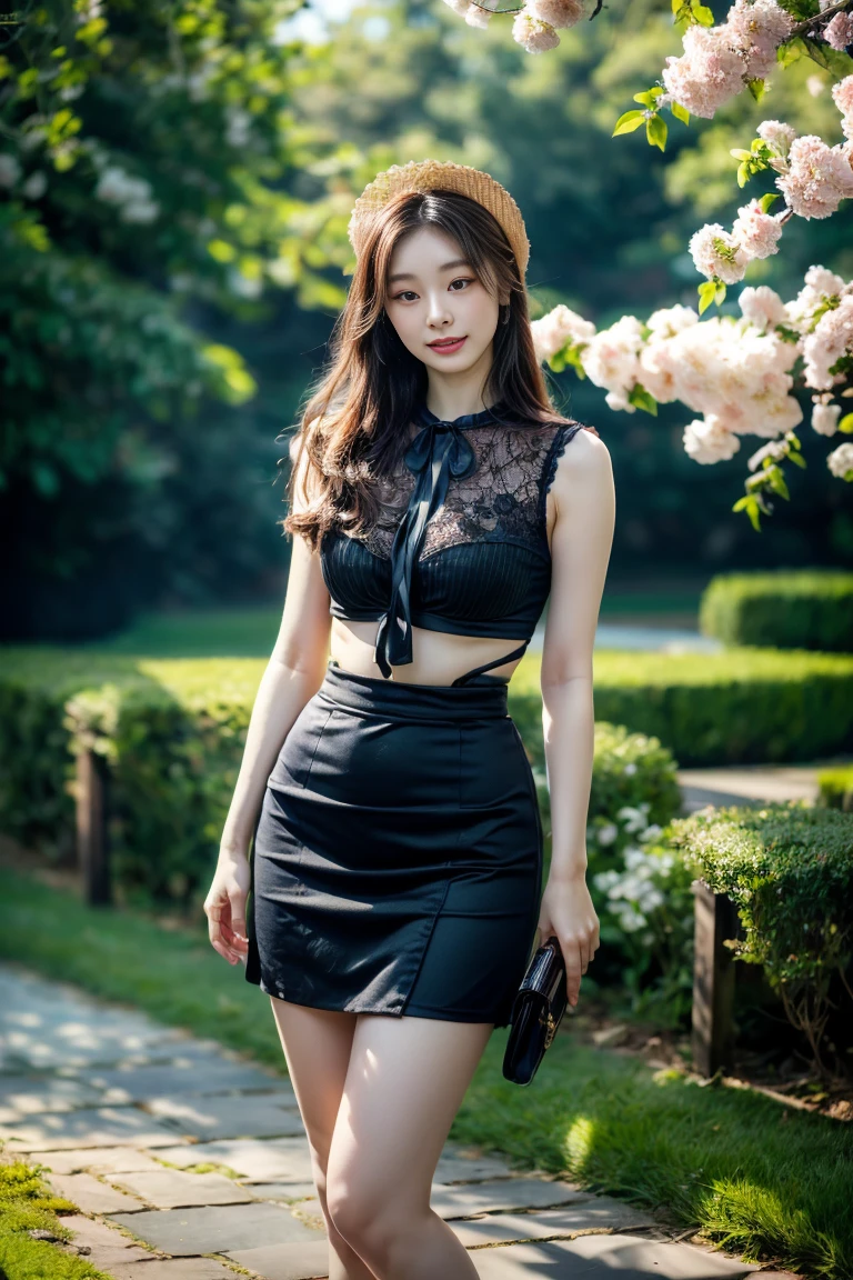 (8k, RAW photo:1.2),Top quality, Ultra high resolution, peeking breasts, big eyes, slender waist, lovely smile, 8k, very fine face, delicate lips, delicate eyes, double eyelids, long black hair, black hair, 8k, nice terrace, lovely eyes, full body photo, korean idol outfit