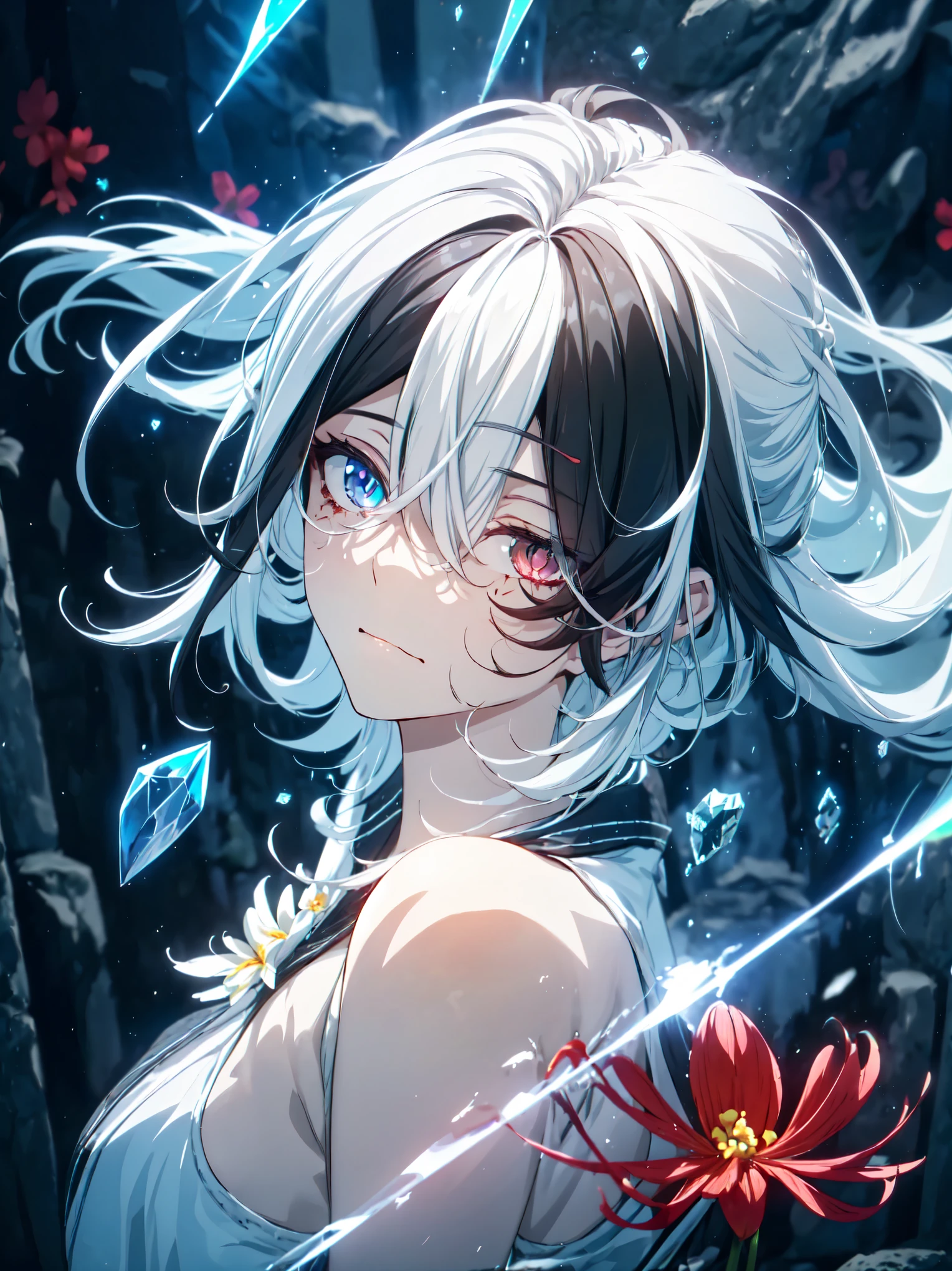 masterpiece, best quality, (anime character, anime, detailed anime, video game art, extremely detailed CG unity 8k wallpaper), (best quality), (best illustration), (best shadow), absurdres, realistic lighting, (Abyss), dynamic pose, dynamic, (fcPortrait, upper body shot:0.24), angled shot, (solo, 1girl:1.44), normal, (Flower over eye, manjusaku, flower:1.95), camellya, (white hair, black hair, two tone hair, hair over one eye, very long hair:1.4), ethereal, aesthetic, ((fragmented glass:1.44), (shattered crystals:1.8), glowing:0.74), (water:0.77), (tired, sickly, weakness:1.4), smile, restrained anger, tsurime, spiritual wounds, burning, flames, fallen nobility, (crumbling crystals, darkness, corruption, bodily marks, glowing marks:1.26)