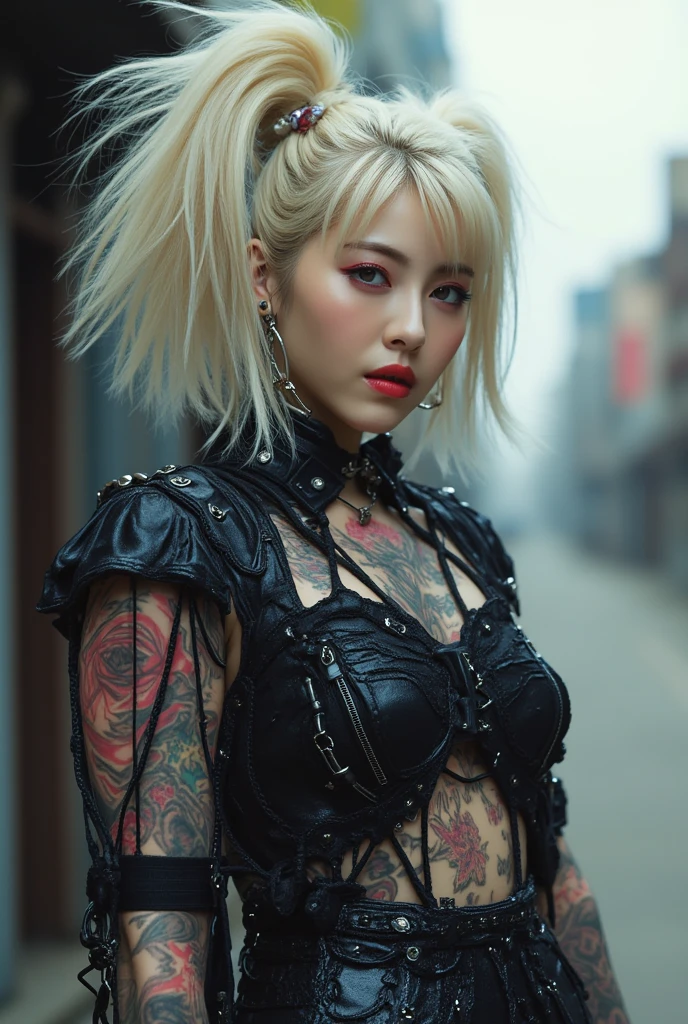 Tips for the first topic are as follows: quality, 8K, 32K, On a table:1.3), ultra - detailed, (realistically:1.4), white colors, albinism, punk girl, detailed eyes, Upper part of the body, Luxurious Punk Hairstyle, Avant-garde punk fashion, Avant-garde makeup, numerous piercings, There are a lot of tattoos, streets background, backlight effect, shallowdepthoffield, vague background"