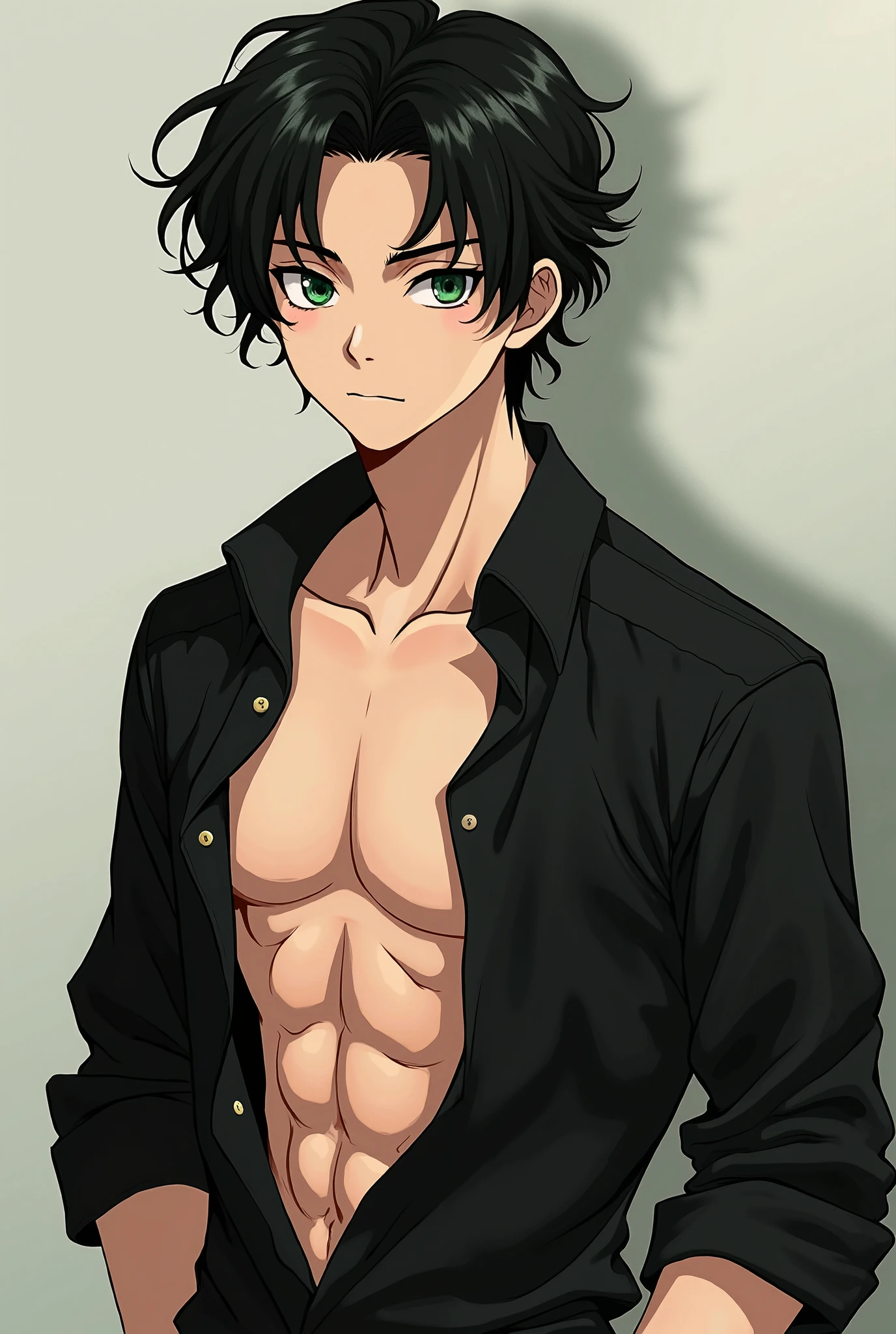 Generate the design of an anime male character with wavy black hair and beaten teenager full body barefoot serious imposing in different poses