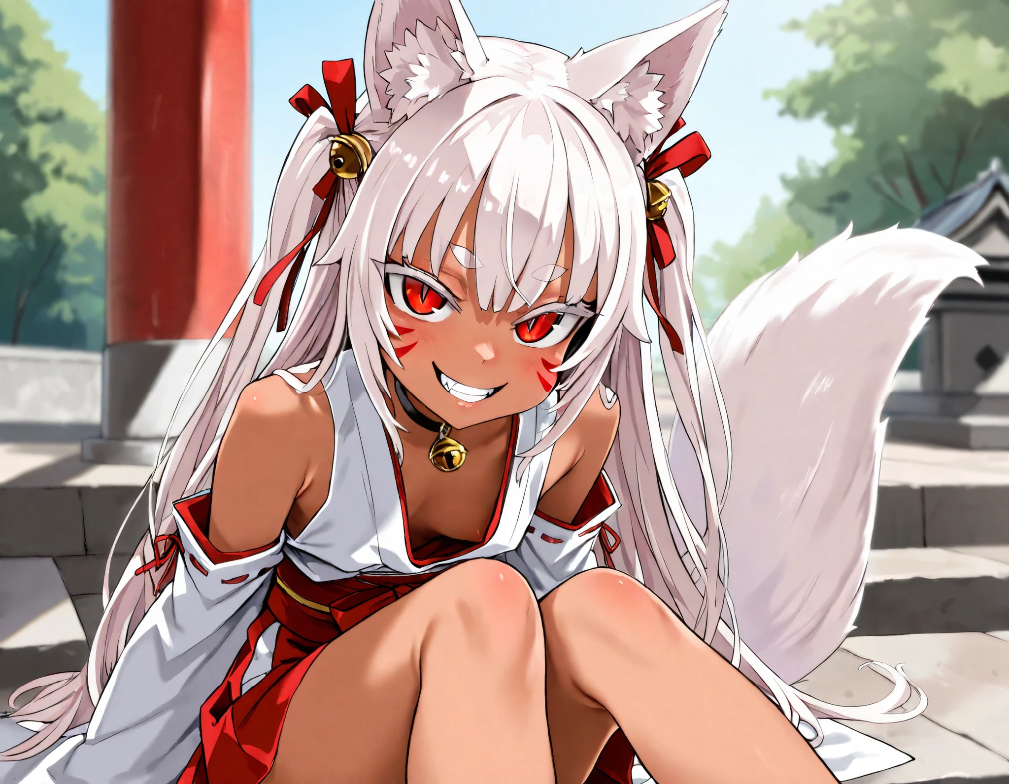 (best quality, highest quality:1.2), masterpiece, Ultra-high resolution, rich contrasts, HD, 8k, fine skin, no makeup, ideal ratio body proportions,
1girl, anime girls, asanagi style, mesugaki, dark skin, tan, red eye, slit pupils, ((white fox ear, white fox tails)), Wicked Smile, evil grin, fang,
very long two side up, white Hair, thick eyebrows, red highlights hair, Hair ribbon bell, bell choker, bimbo, ((dim body)), flat_chest, (facial mark),
nontraditional miko, bare shoulders, miko, red obi sash, red short skirt, skirt cutout, downblouse, no panties,
looking at viewer, lewd, cute, big eyes, ero, ecchi, Sitting with Knees Up,
Score_9,Score_8,score_7_up,source_anime, rating_questionable, shrine,
