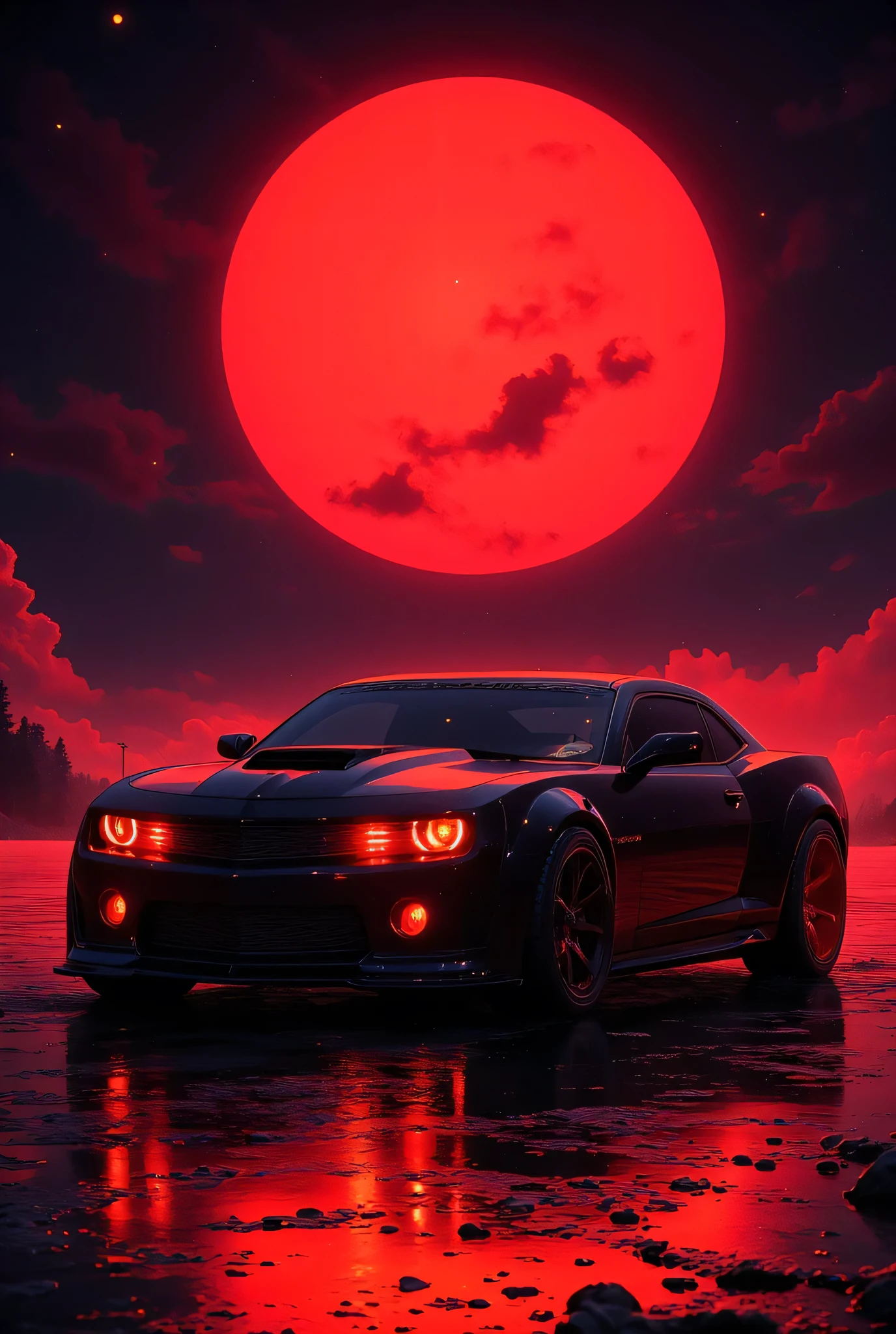 Arafed, Dark fantasy art, Art Deco style, fantasy art, goth art, Chevrolet Camaro as a vampire car, black car, red lights, fangs driving at night, red clouds, full moon,
INFO