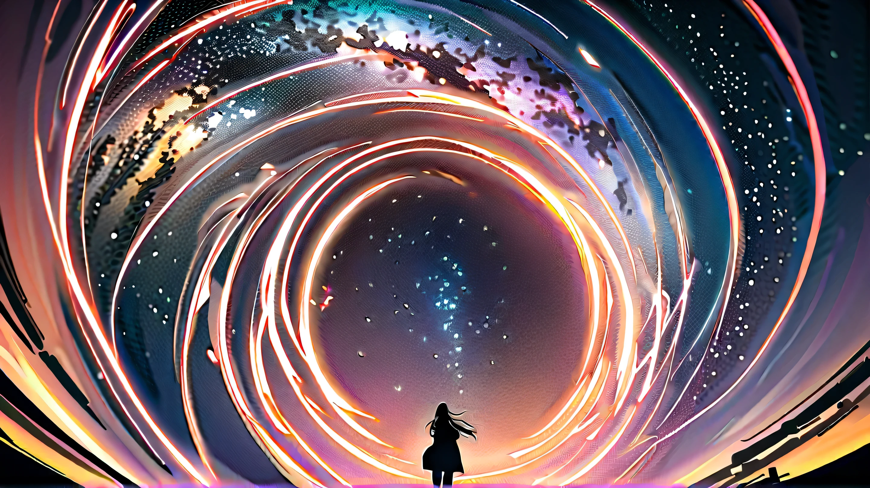 Many stars twinkling in a beautiful bright winter night sky, long exposure starry sky with many circular orbits, silhouette of a young woman with long hair with her hands in her coat pockets looking up at it, photo taken from long distance, photo from below,8k,HD