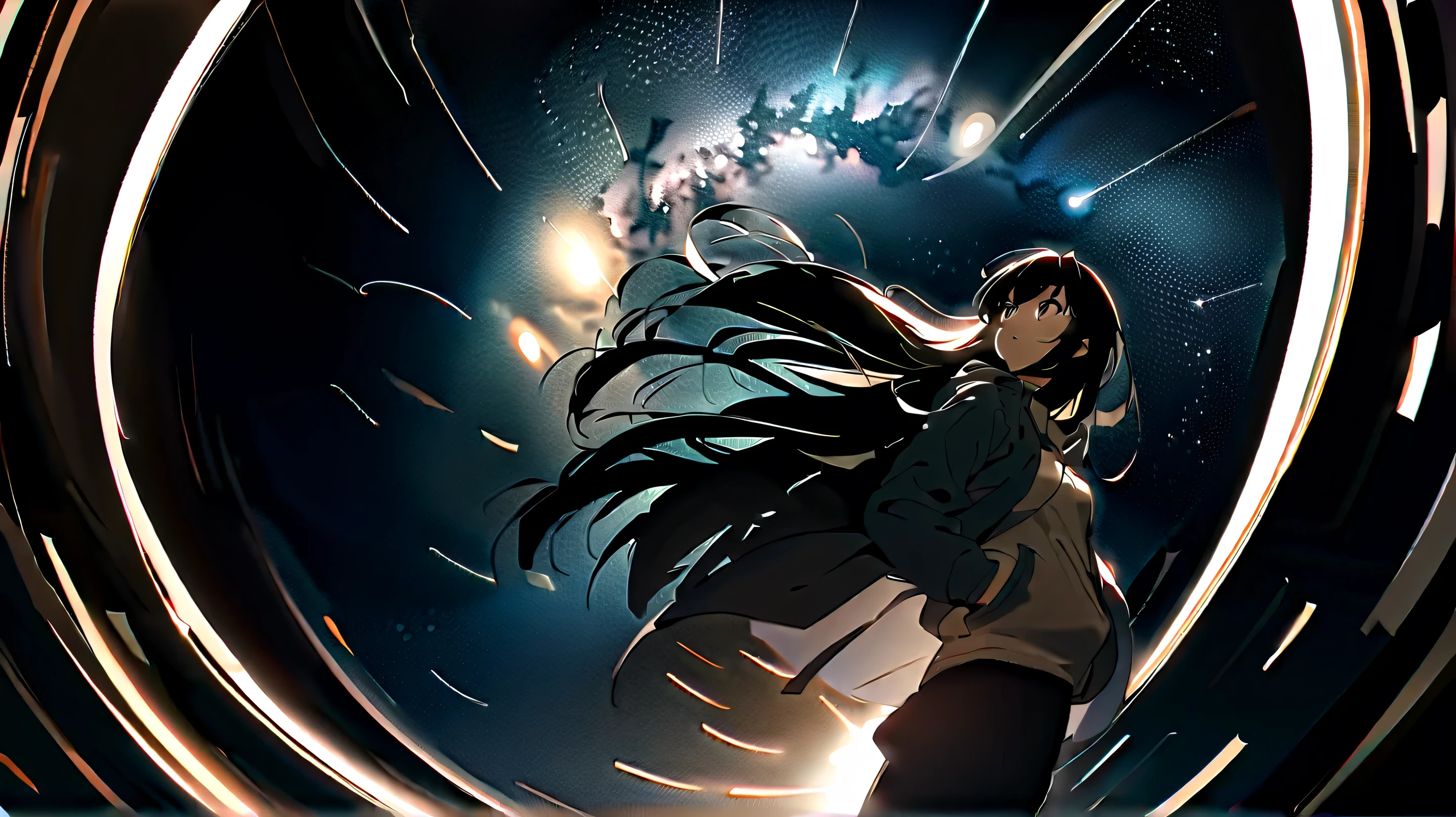 Many stars twinkling in a beautiful bright winter night sky, long exposure starry sky with many circular orbits, silhouette of a young woman with long hair with her hands in her coat pockets looking up at it, photo taken from long distance, photo from below,8k,HD