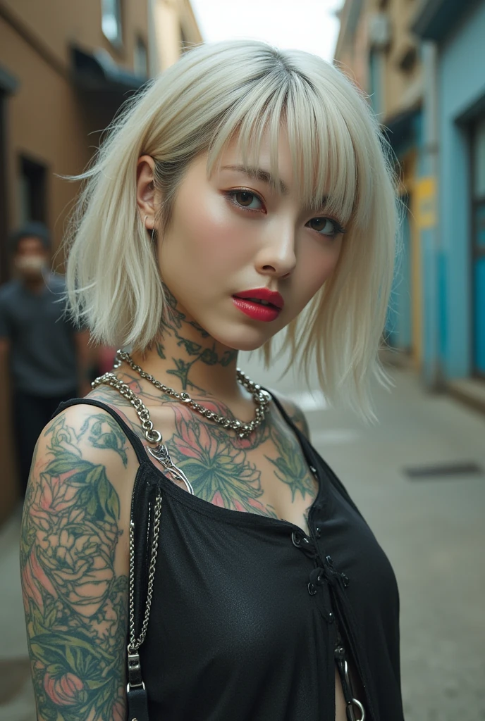 nsfw, A charismatic female hairstylist, muscular with many tattoos, working in a luxurious salon. She has a deep tan, typical of a gyaru style, and is intensely focusing on her work while holding scissors. The image should include detailed depictions of the salon environment, hairstyling tools, and accessories. The stylist's expression is serious and dedicated, capturing her commitment to her craft. The full body of the stylist should be shown in the image.